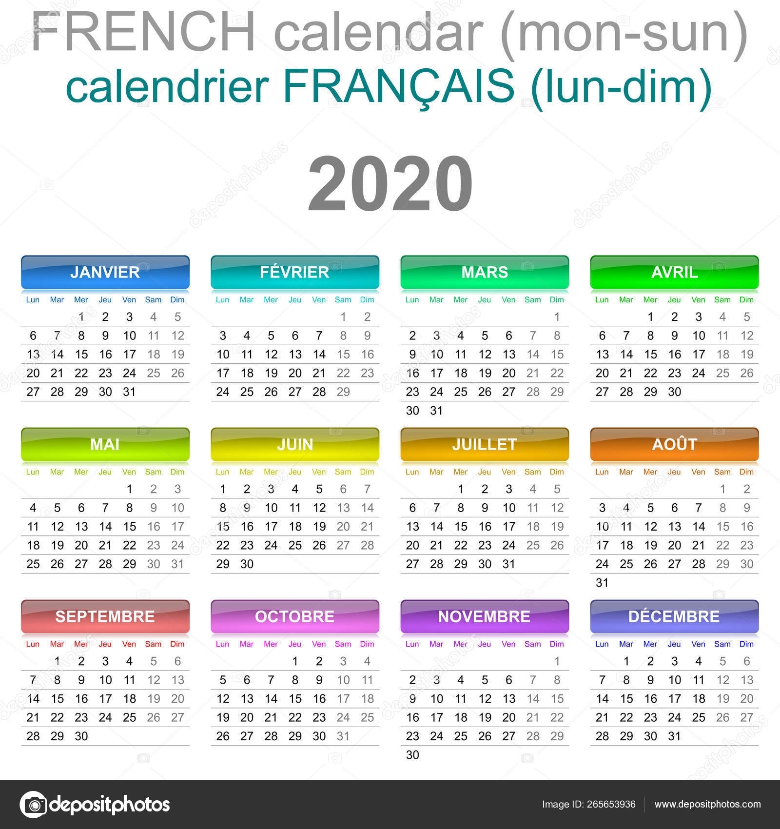 2020 Calendar French Language Monday To Sunday — Stock Photo