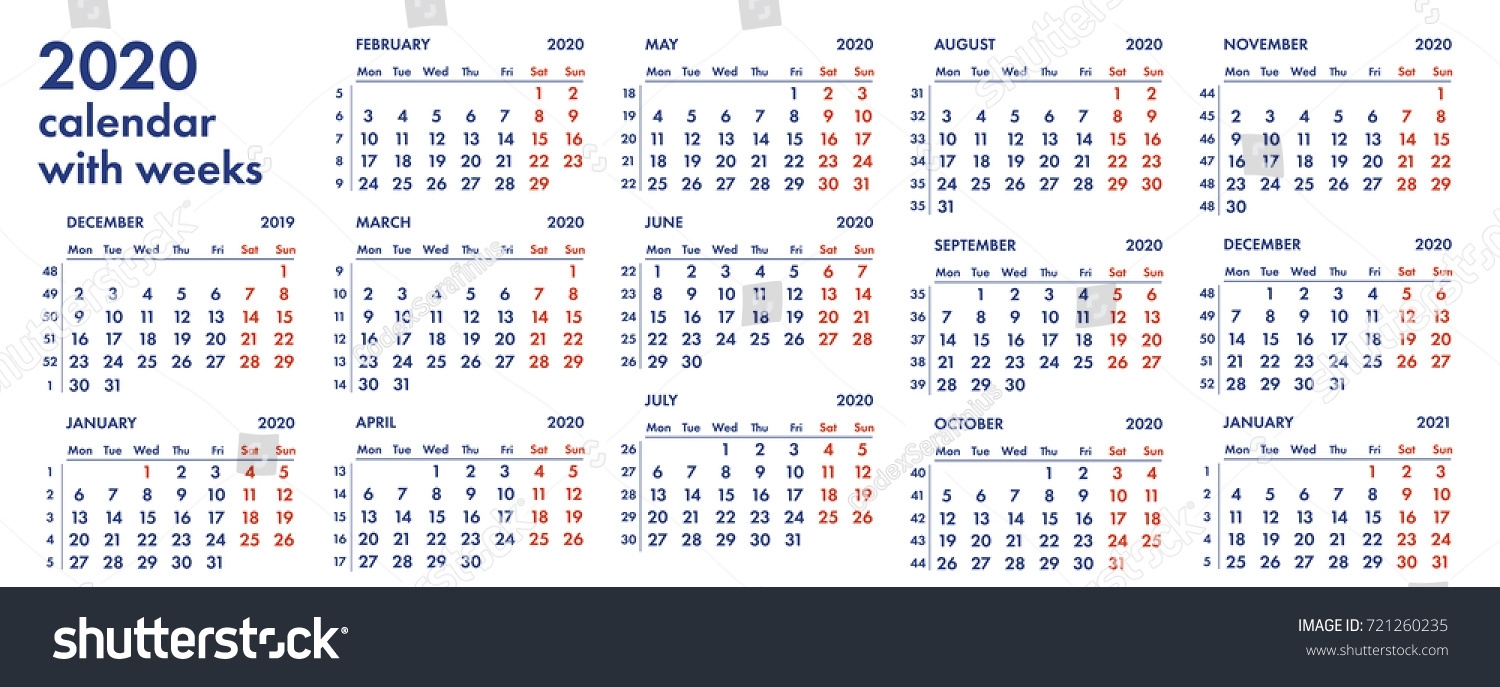 2020 Calendar Grid Weeks Numbers Vector Stock Vector