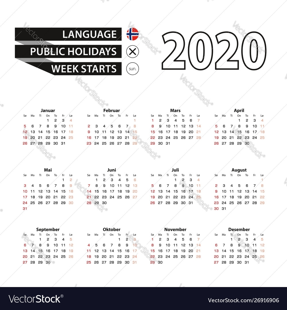 2020 Calendar In Norwegian Language Week Starts