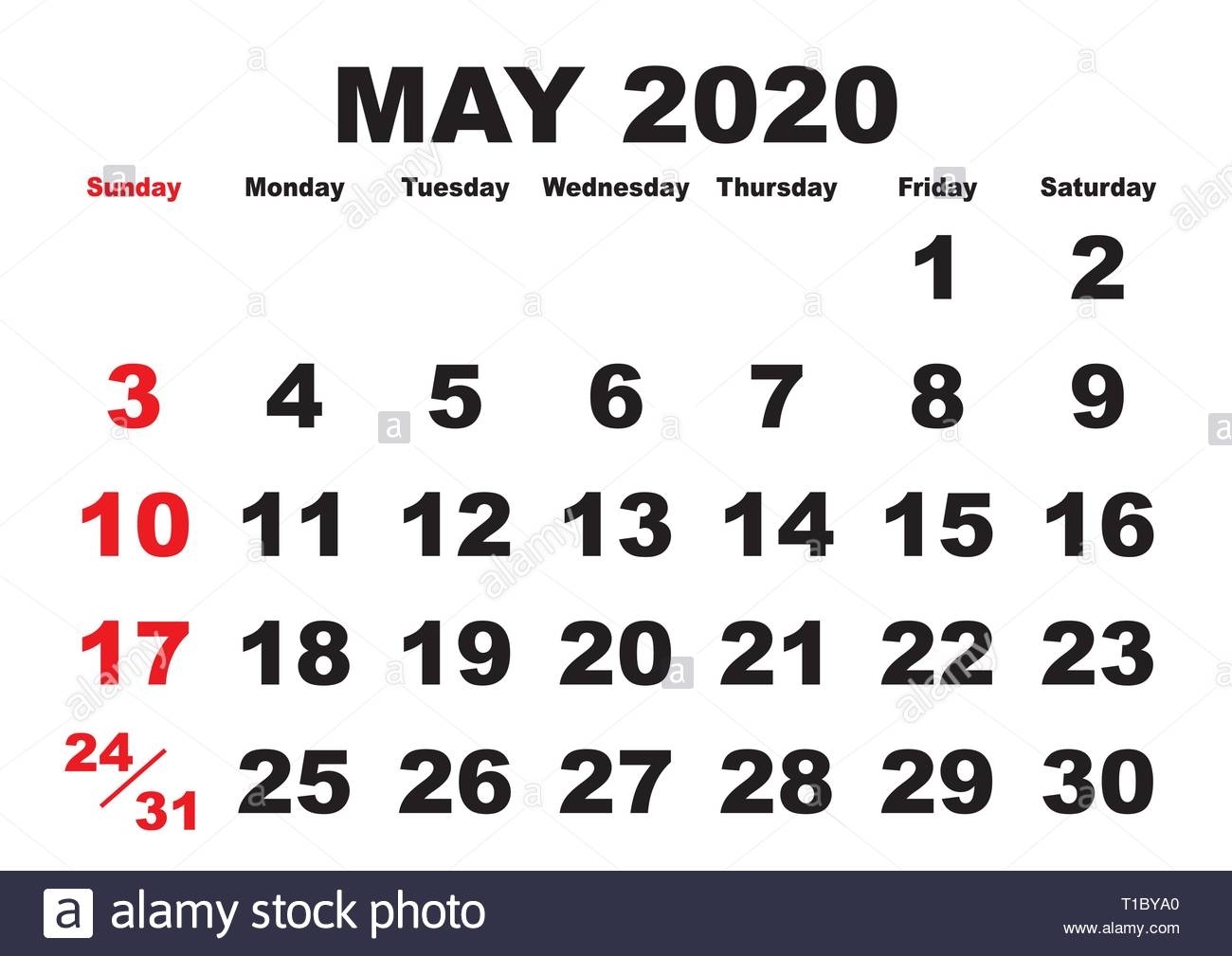 2020 Calendar May Month. Vector Printable Calendar. Monthly
