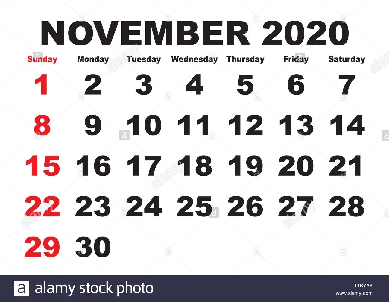 2020 Calendar November Month. Vector Printable Calendar