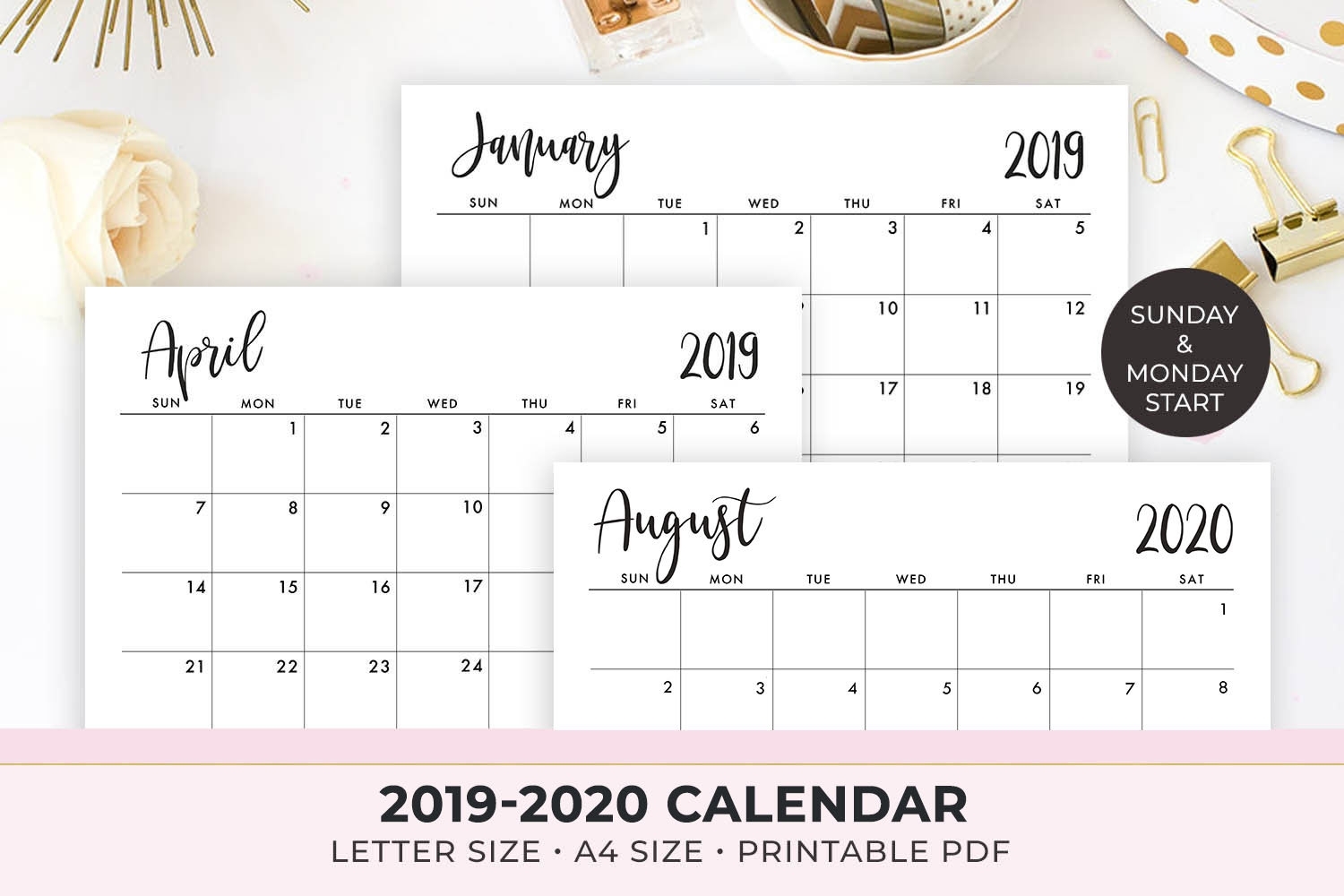 2020 Calendar Printable , 2019-2020 Calendar Template , Monthly Calendar,  2019 Monthly Planner , Instant Download