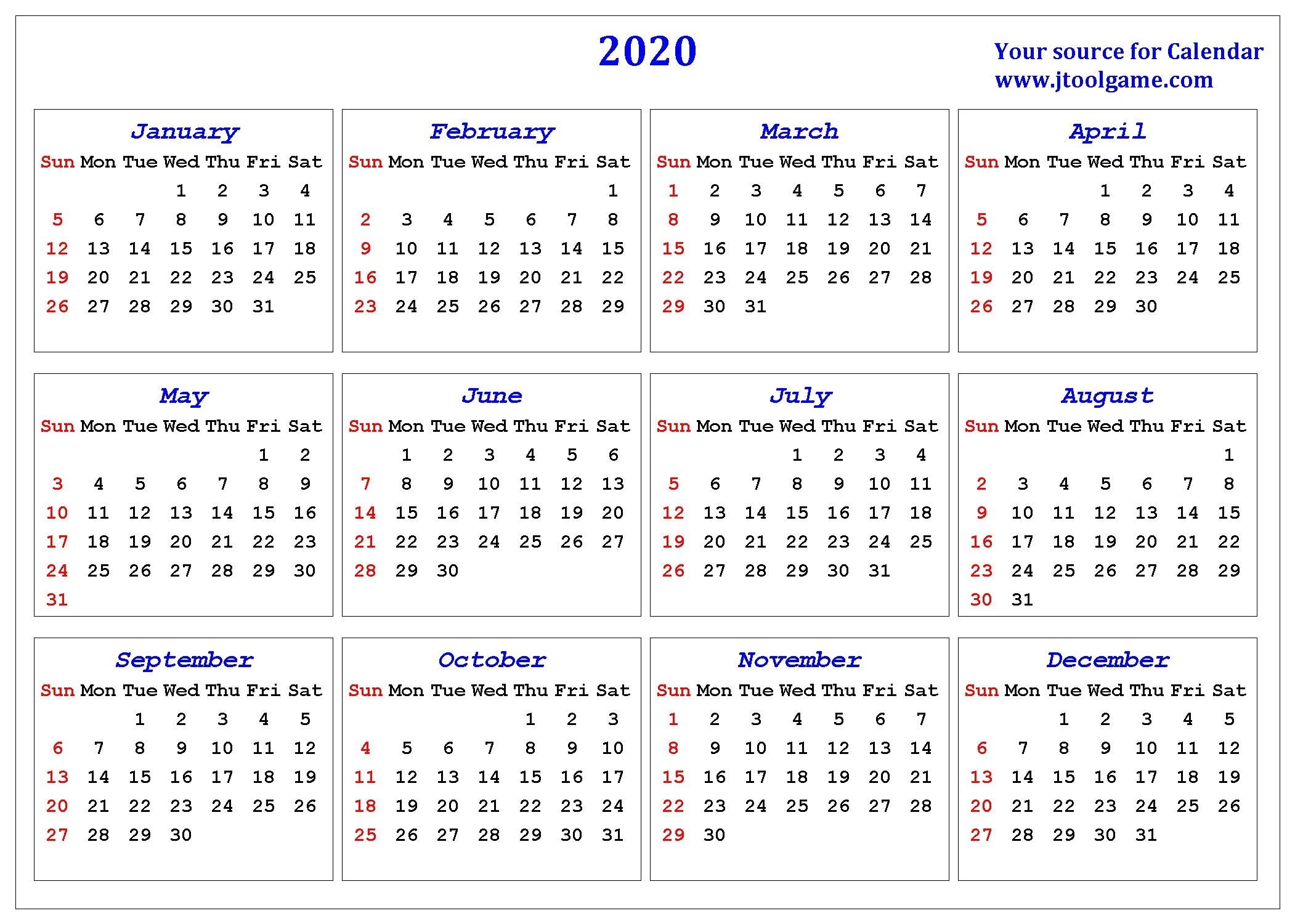 2020 Calendar - Printable Calendar. 2020 Calendar In