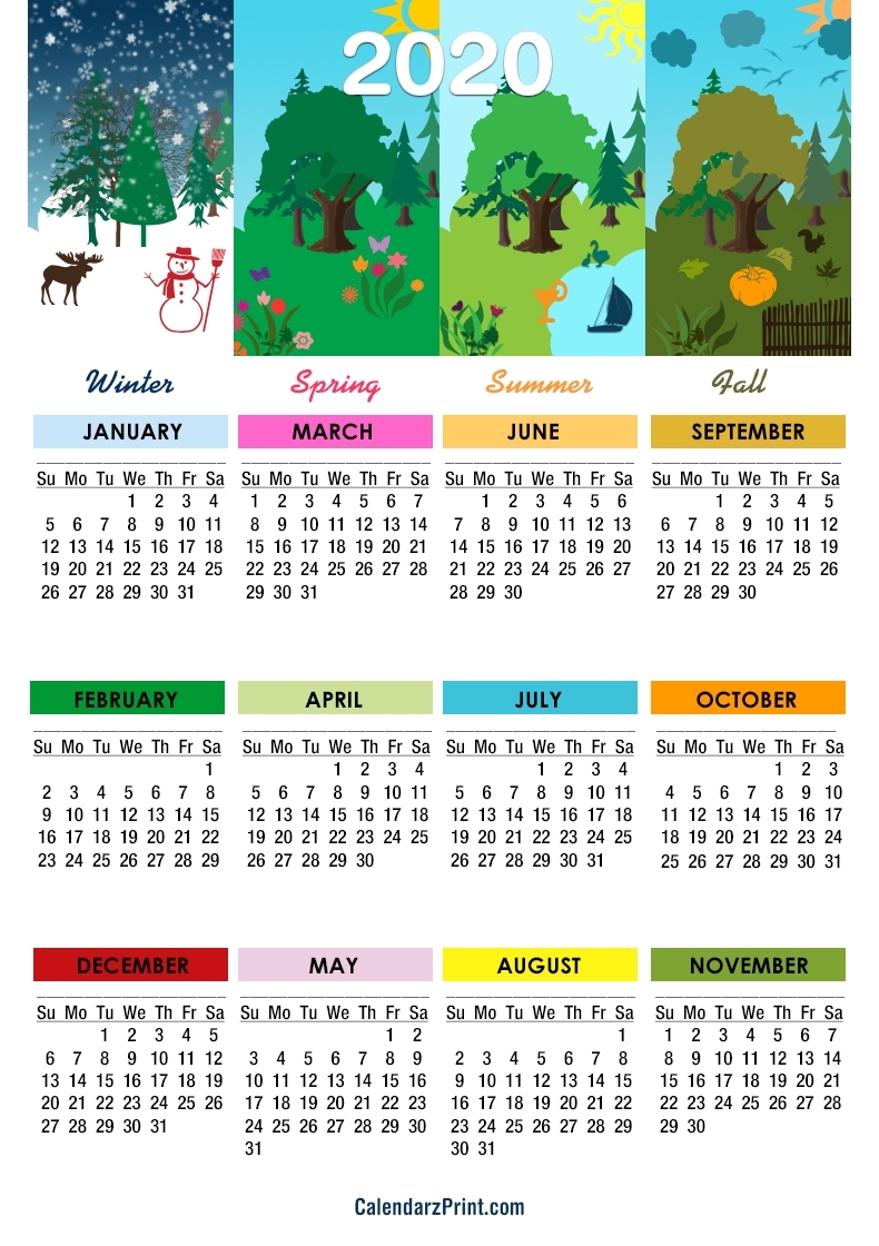 2020 Calendar – Printable Free – 4 Seasons Calendar – Sunday