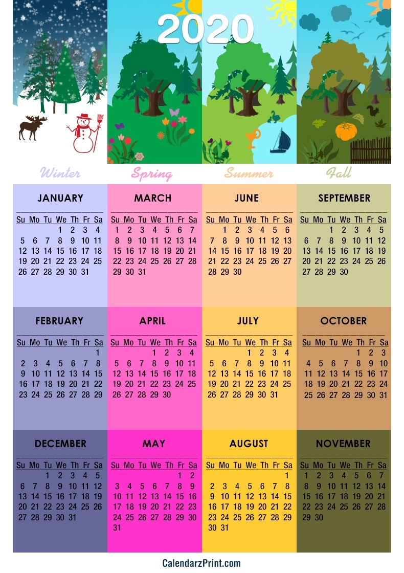 2020 Calendar – Printable Free – 4 Seasons Calendar – Sunday