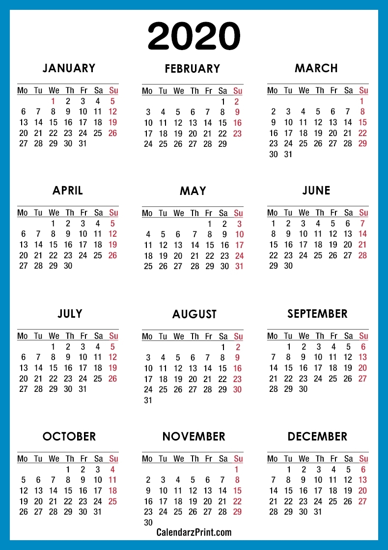 2020 Calendar – Printable Free – Blue – Monday Start