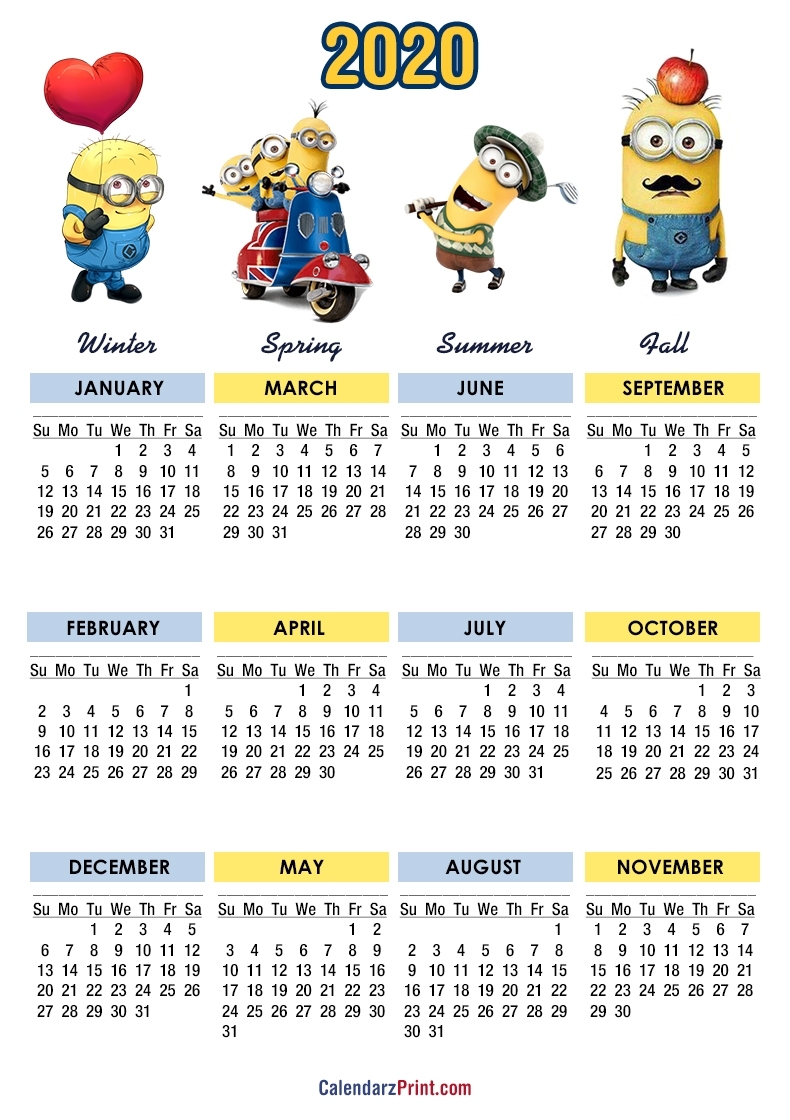 2020 Calendar – Printable Free – Minions Calendars – Sunday