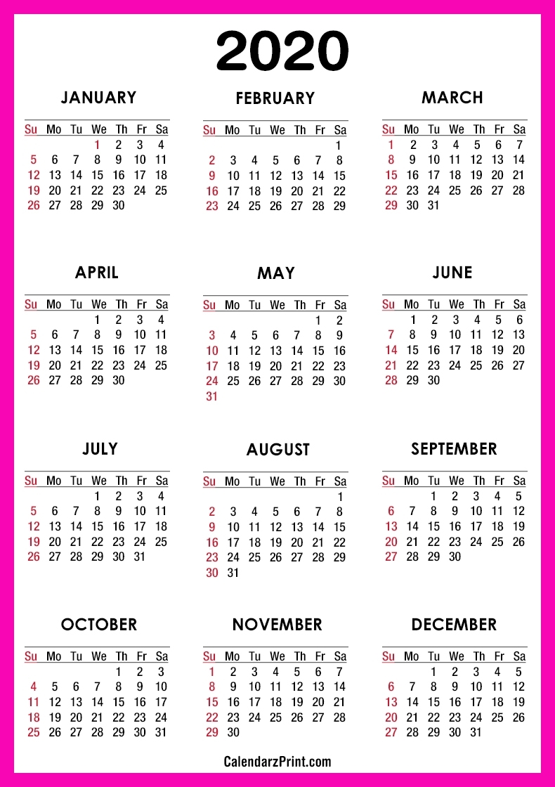 2020 Calendar – Printable Free – Pink – Sunday Start