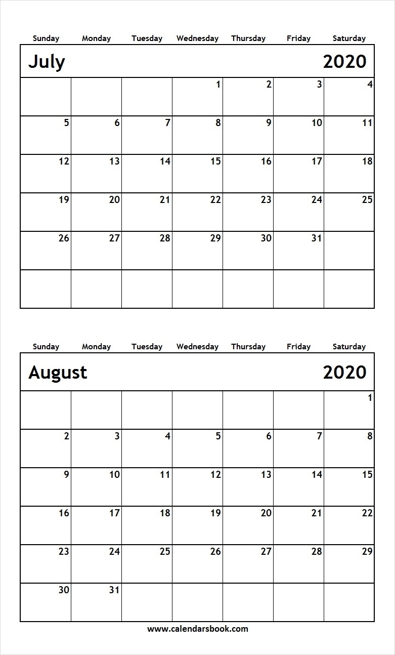 calendar 2020 july august month calendar printable