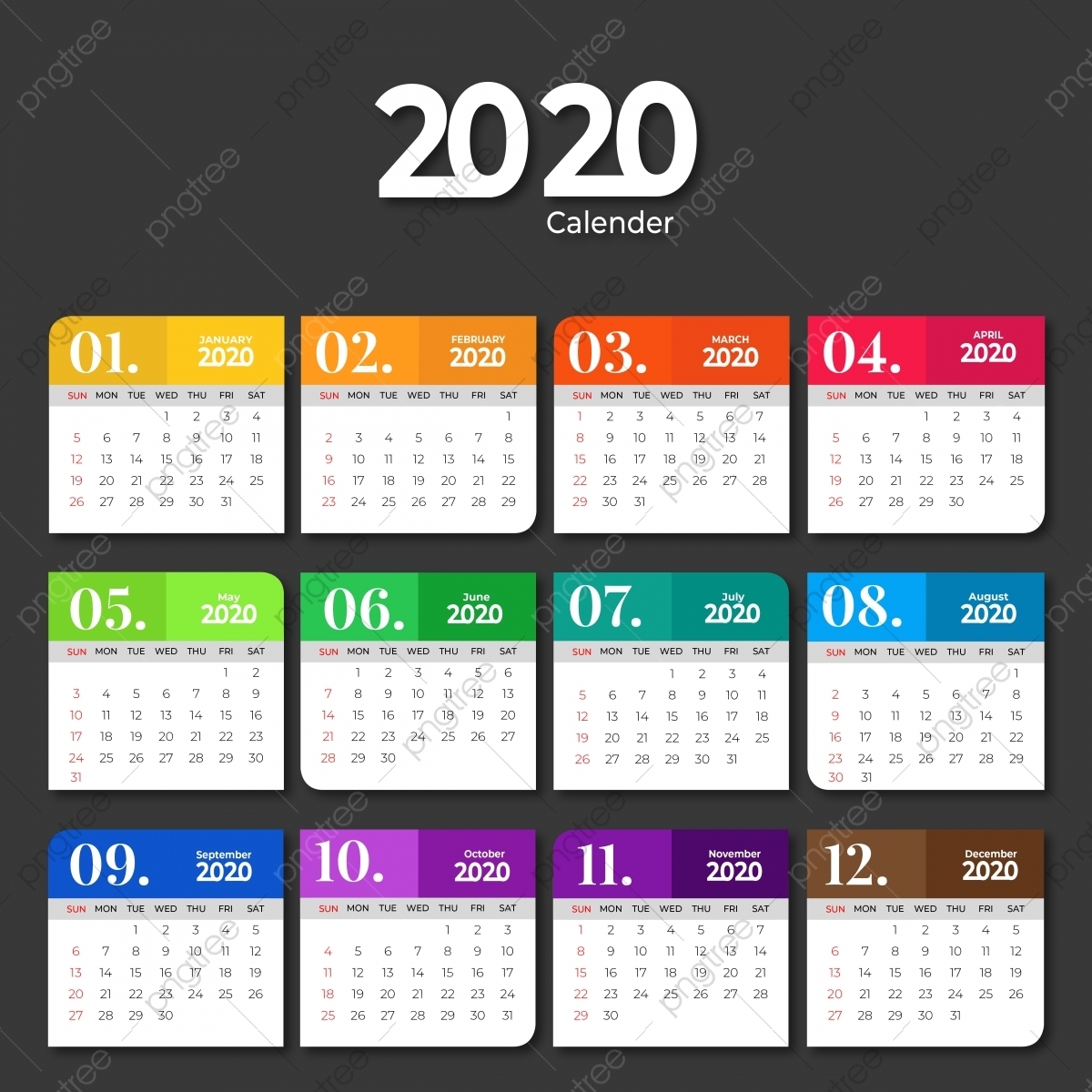 2020 Calendar Template Design With Solid Colors, 2020