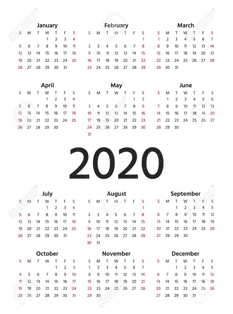 2020 Calendar. Vector. Stationery 2020 Year Vertical Template..