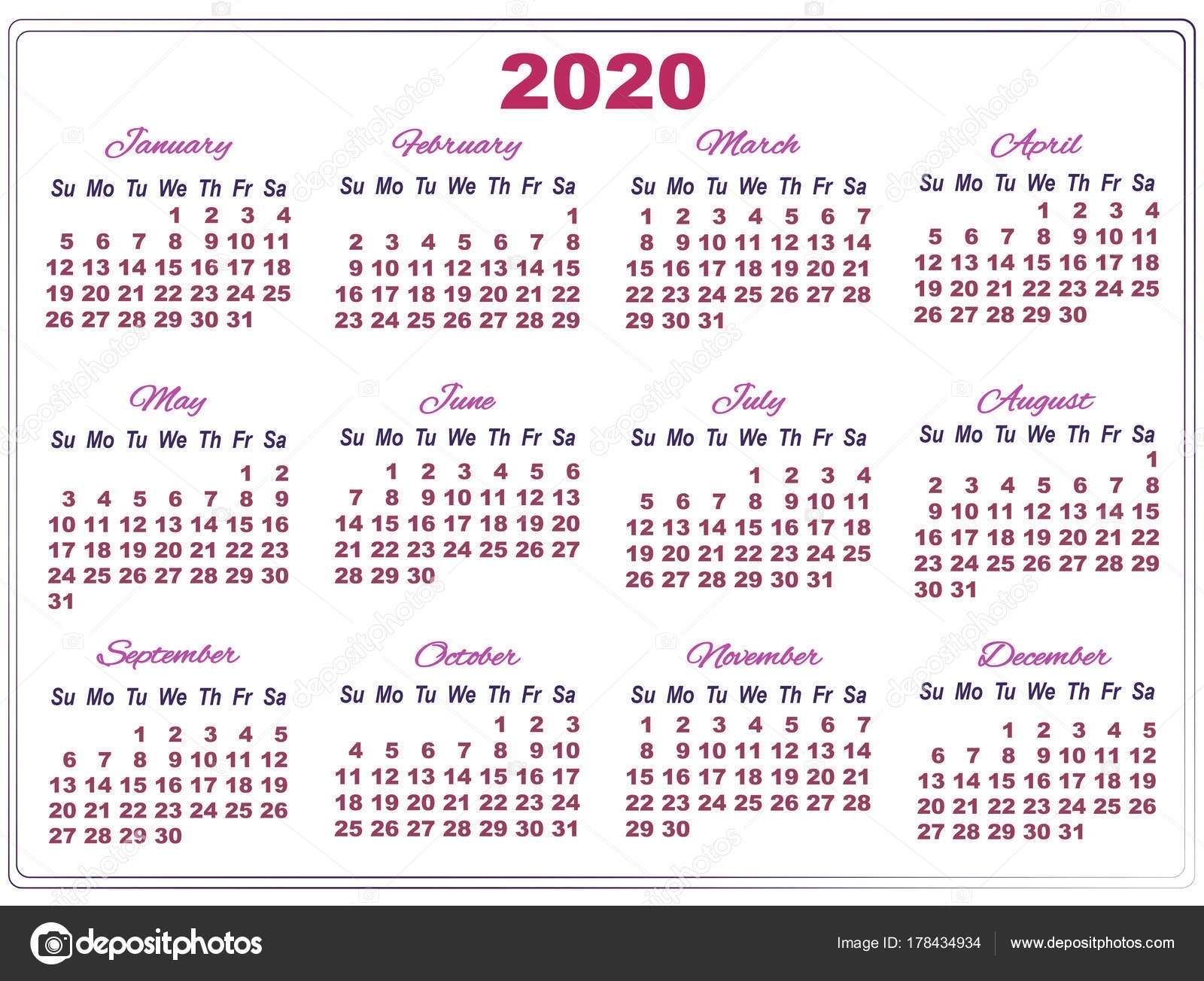 2020 Calendar With Big Numbers — Stock Vector © Sunfunjen