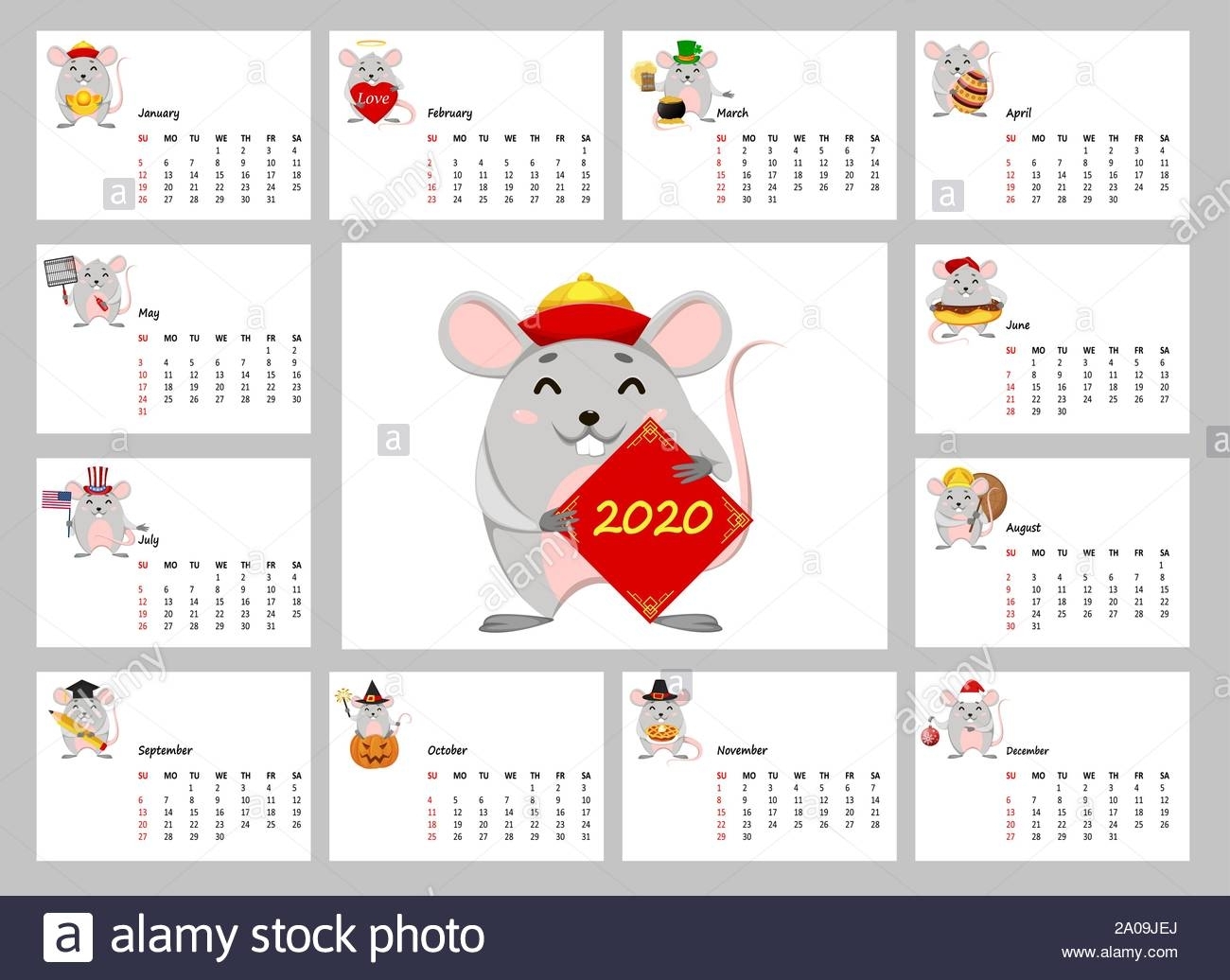 2020 Calendar With Funny Rats. Happy Chinese New Year Of Rat