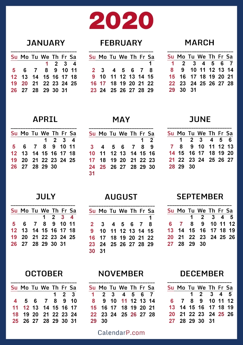 2020 Calendar With Us Holidays, Printable Free, Blue