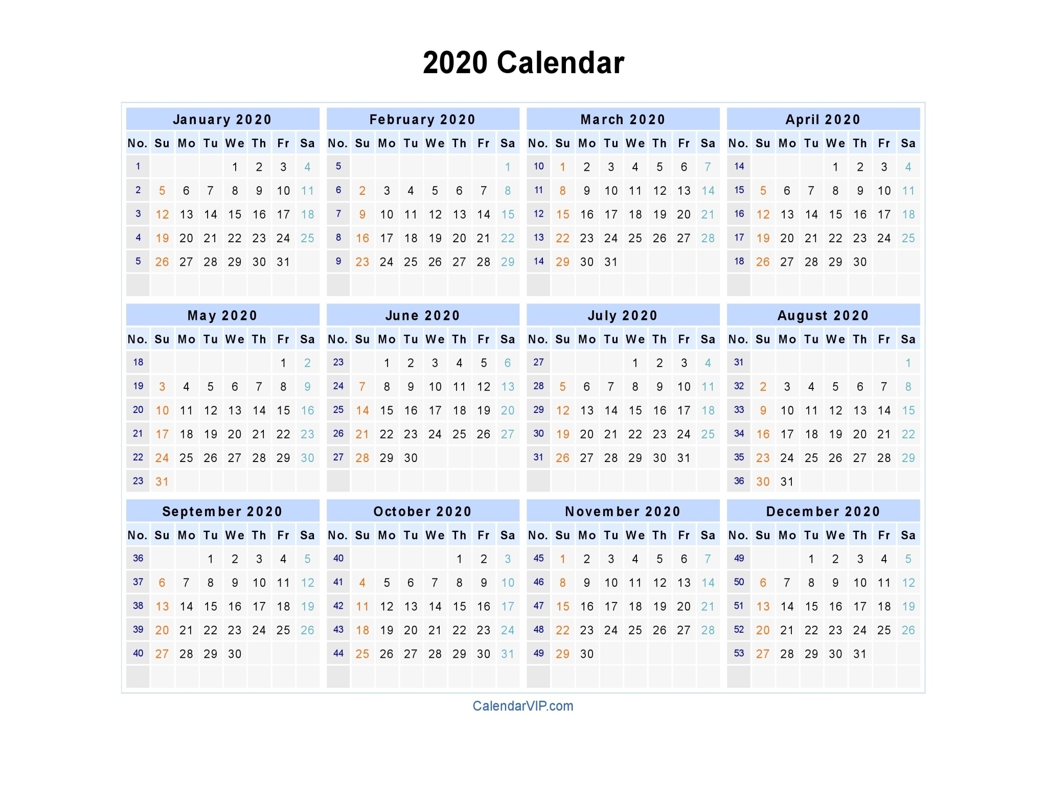 2020 Calendar With Week Numbers | Free Printable Calendar