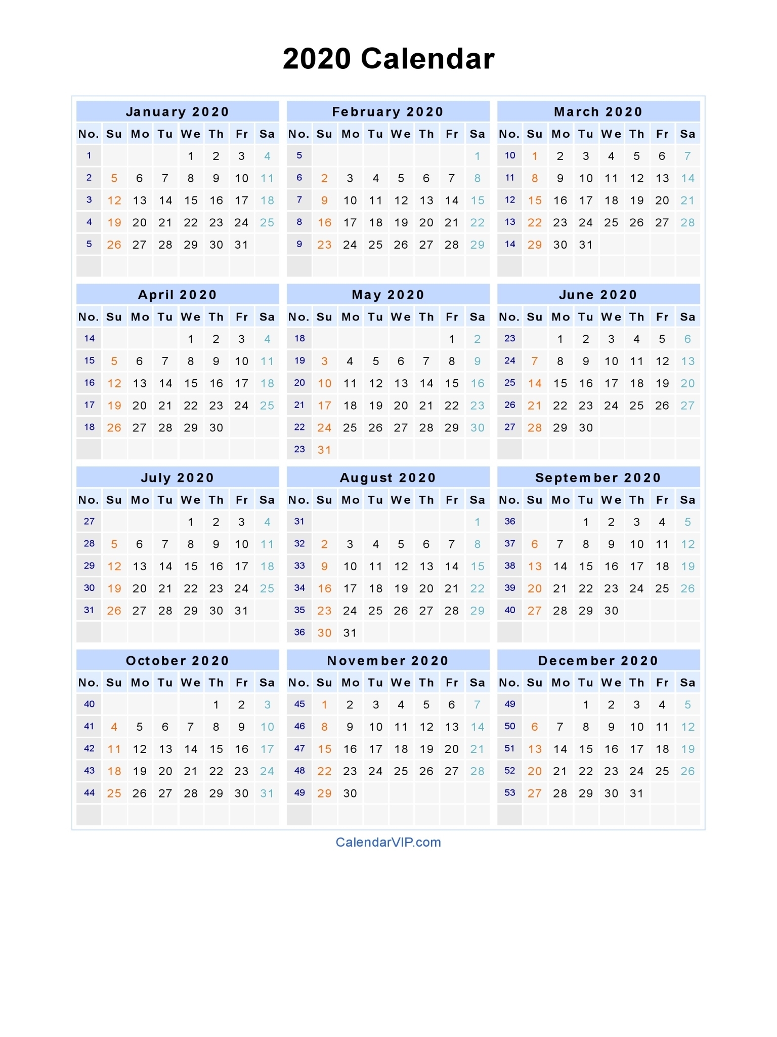 2020 Calendar With Week Numbers | Free Printable Calendar