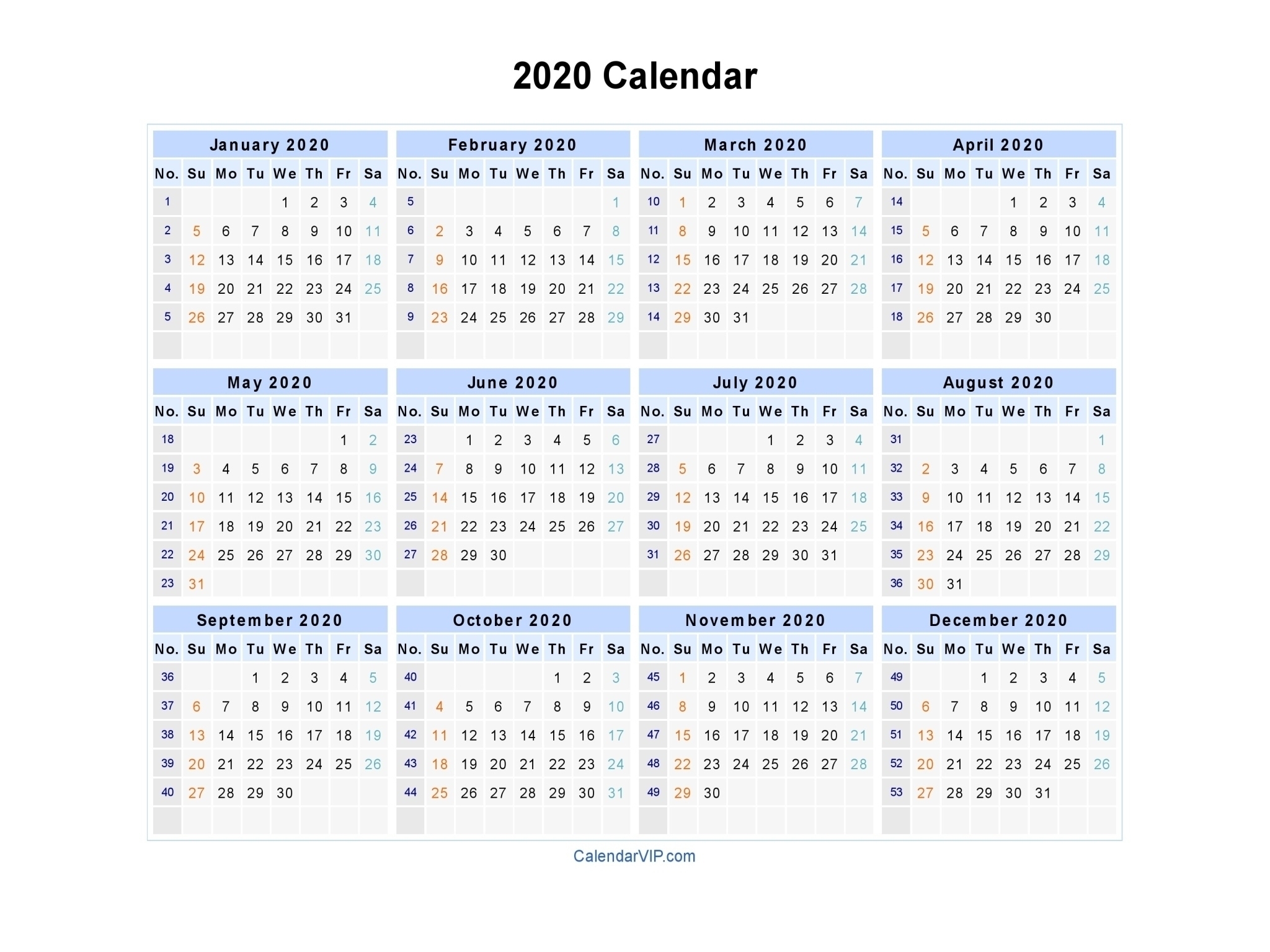 2020 Calendar With Week Numbers Printable | Month Yearly