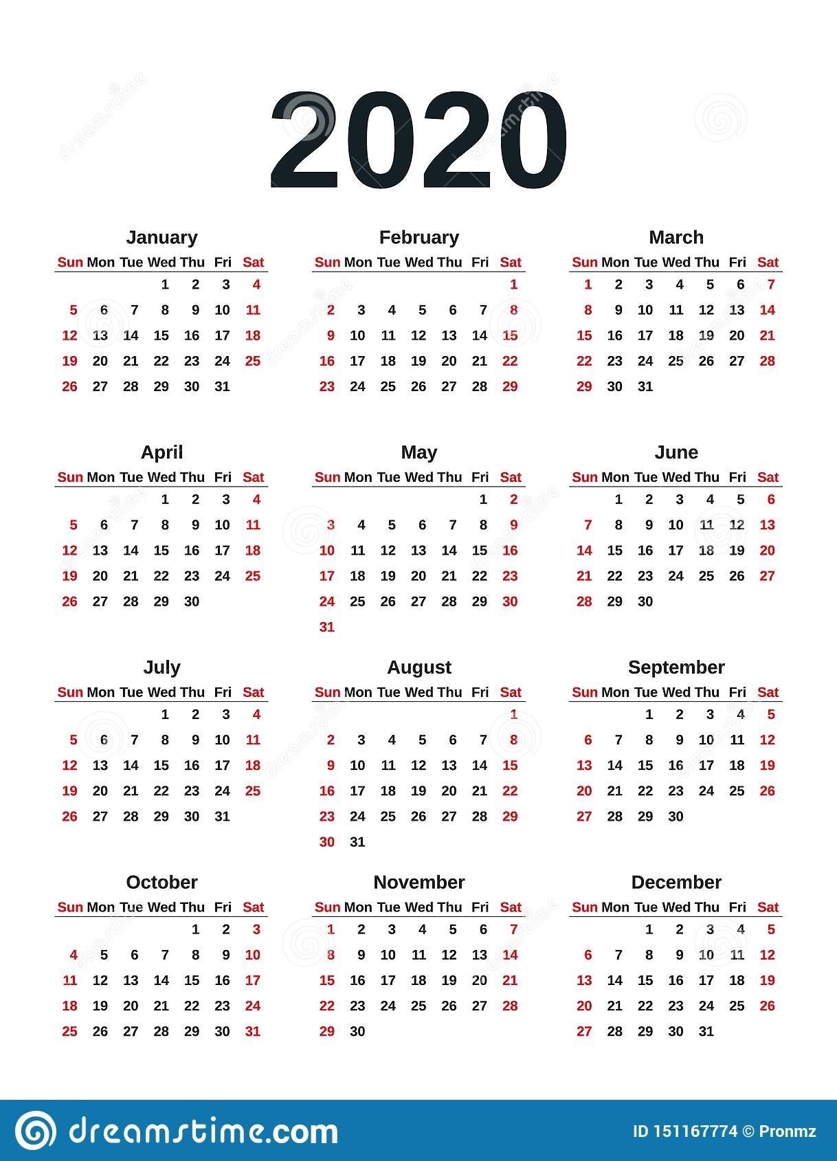 2020 Calendar Year. Vector Illustration. Template Planner