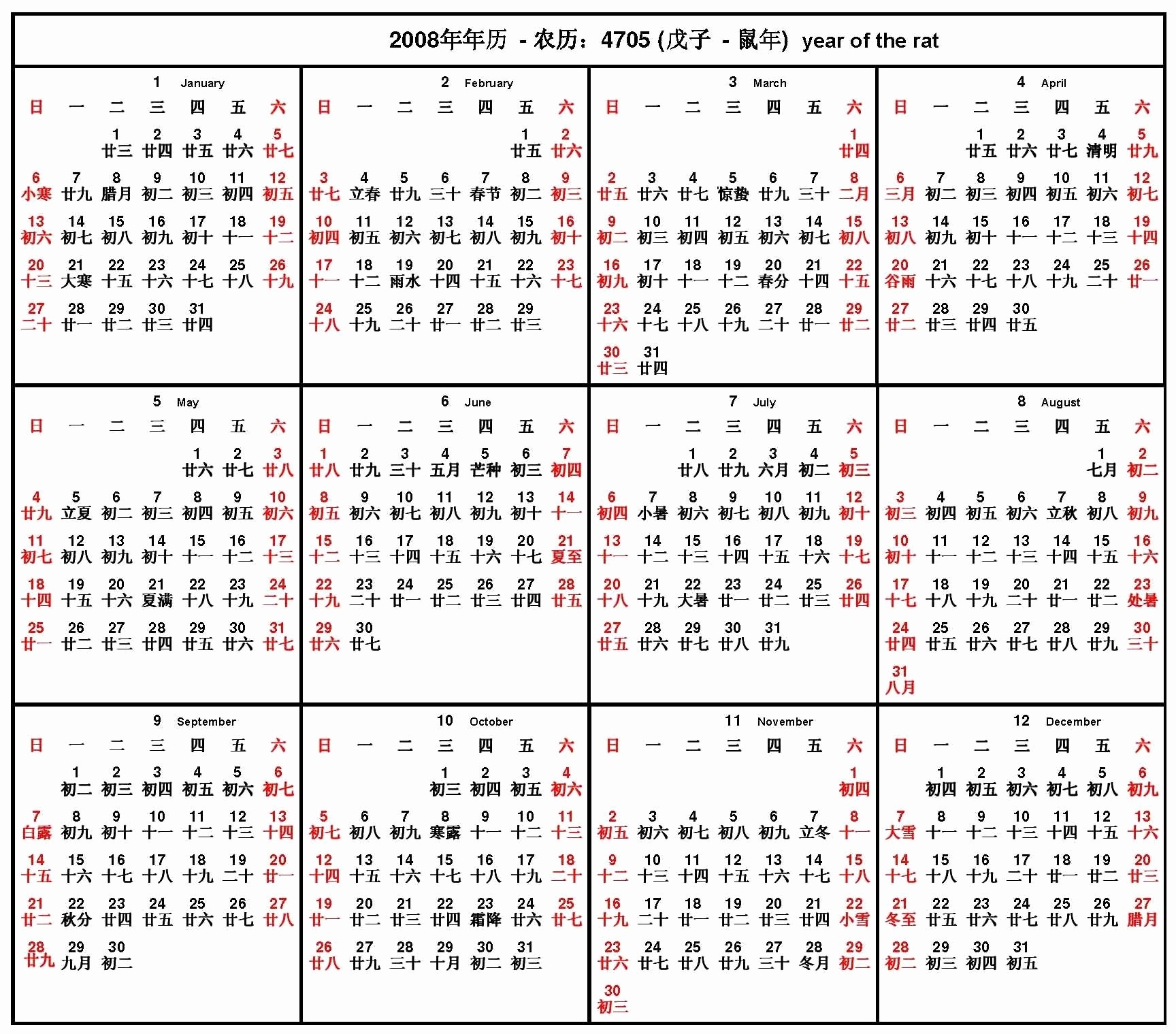 Chinese Lunar Calendar 2024 Printable