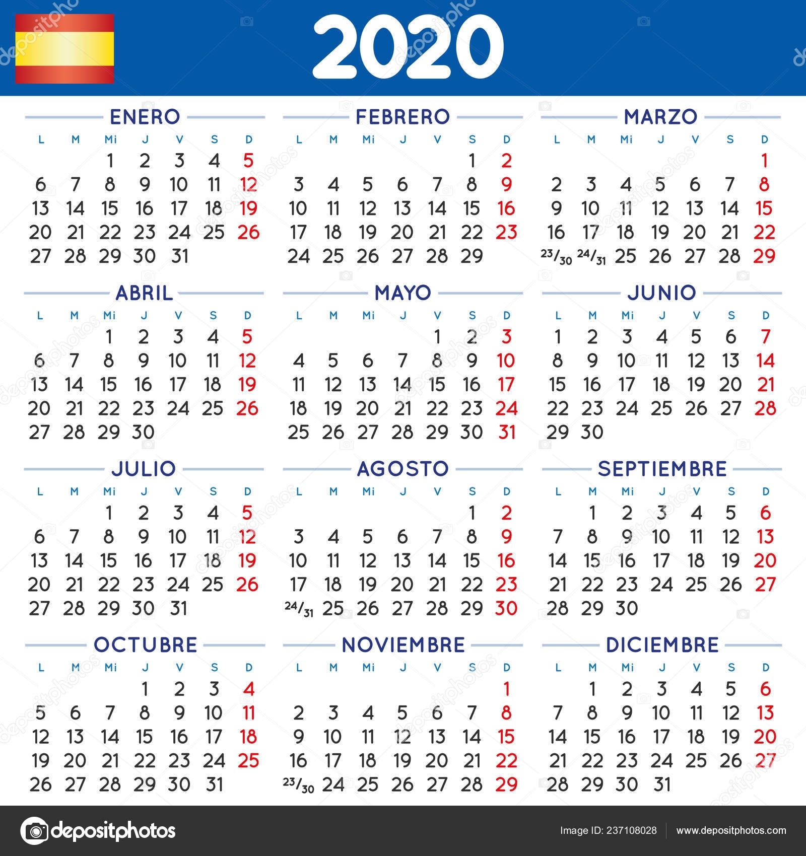 2020 Elegant Squared Calendar Spanish Year 2020 Calendar