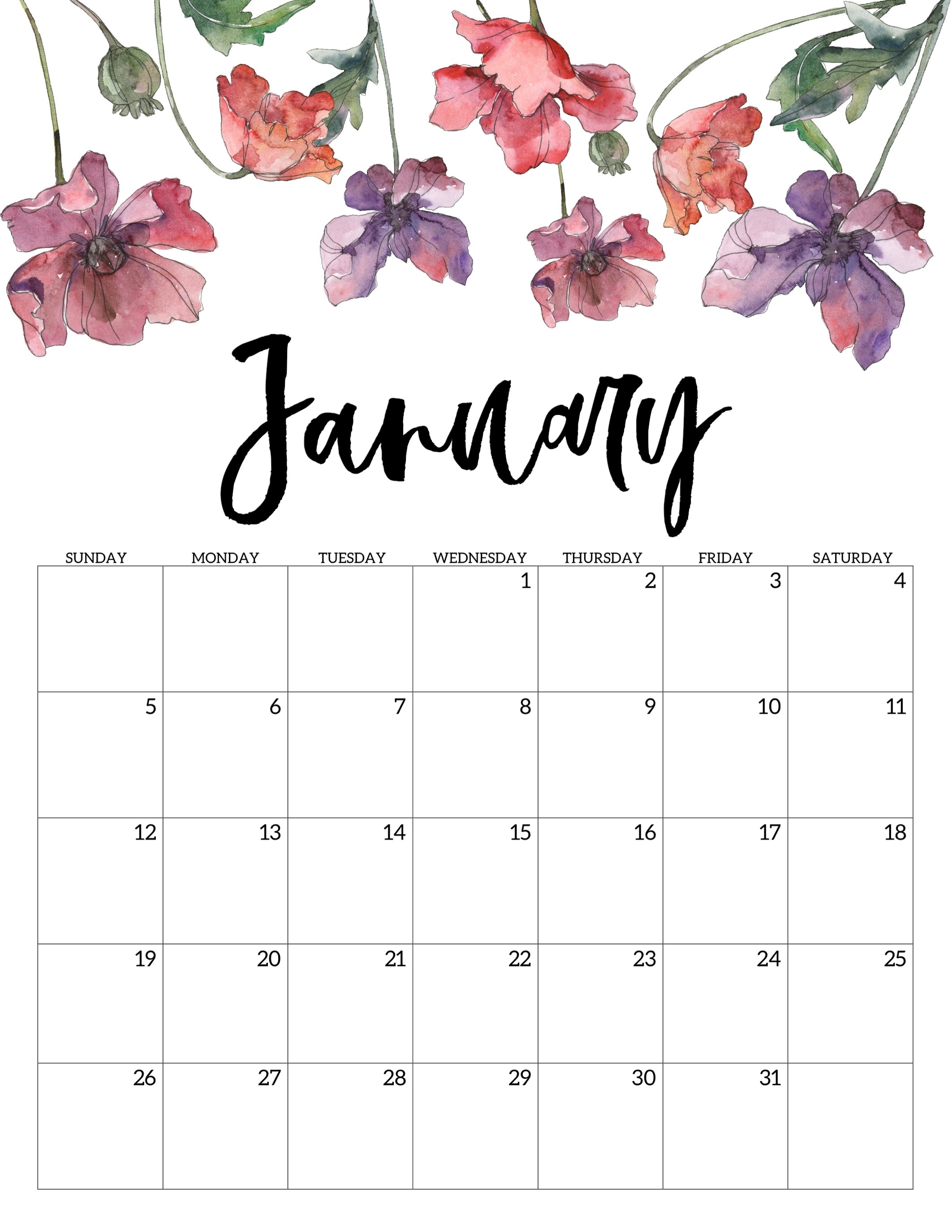 2020 Free Printable Calendar - Floral - Paper Trail Design