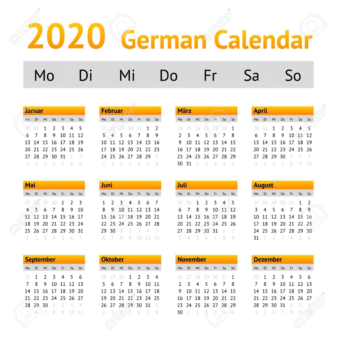 2020 German Calendar. Week Starting On Monday