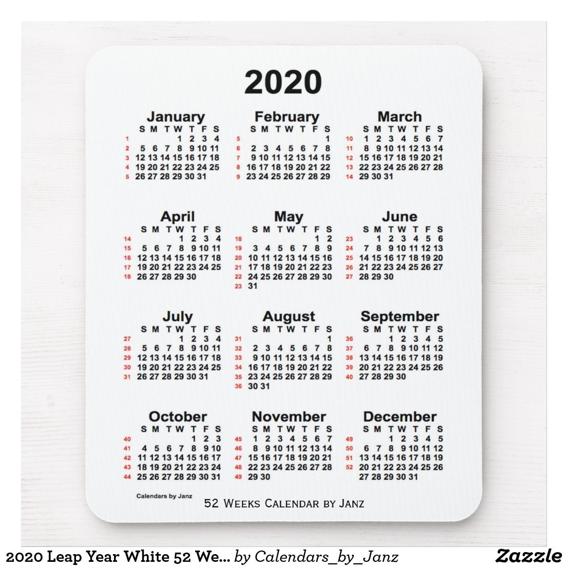 2020 Leap Year White 52 Week Calendarjanz Mouse Pad