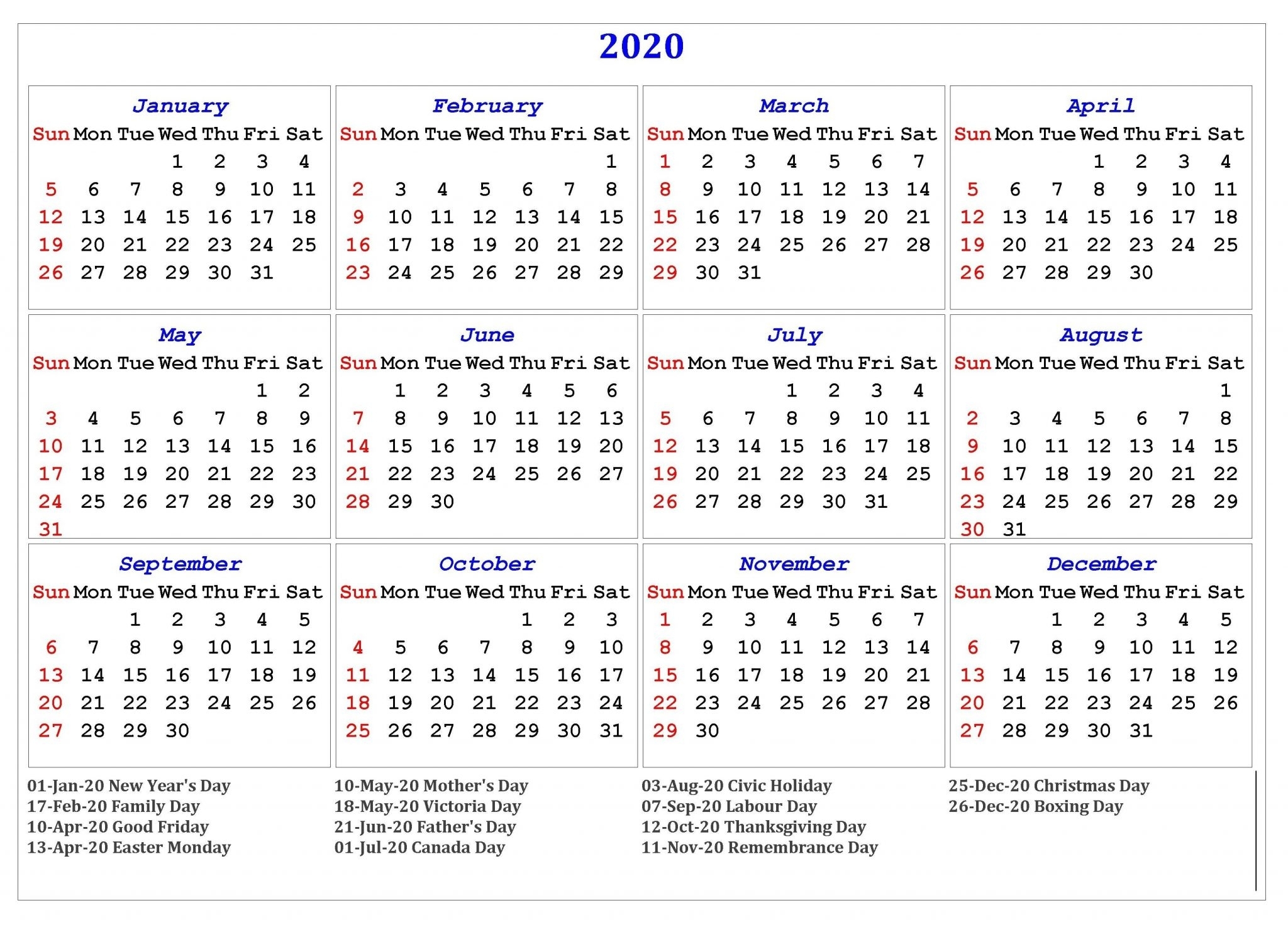 2020 One Page Holidays Calendar - Free Printable Calendar