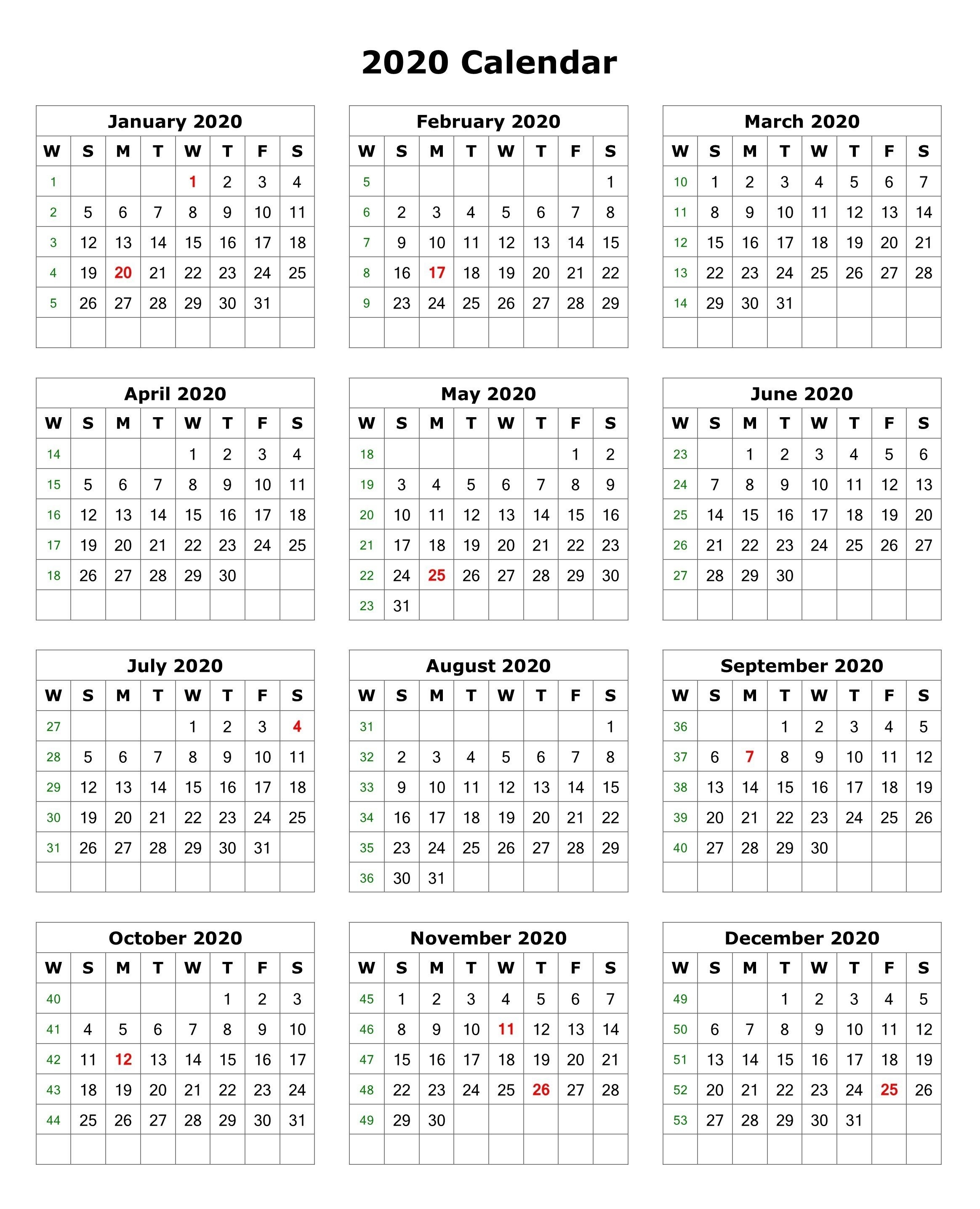 2020 One Page Portrait Calendar | Monthly Calendar Template