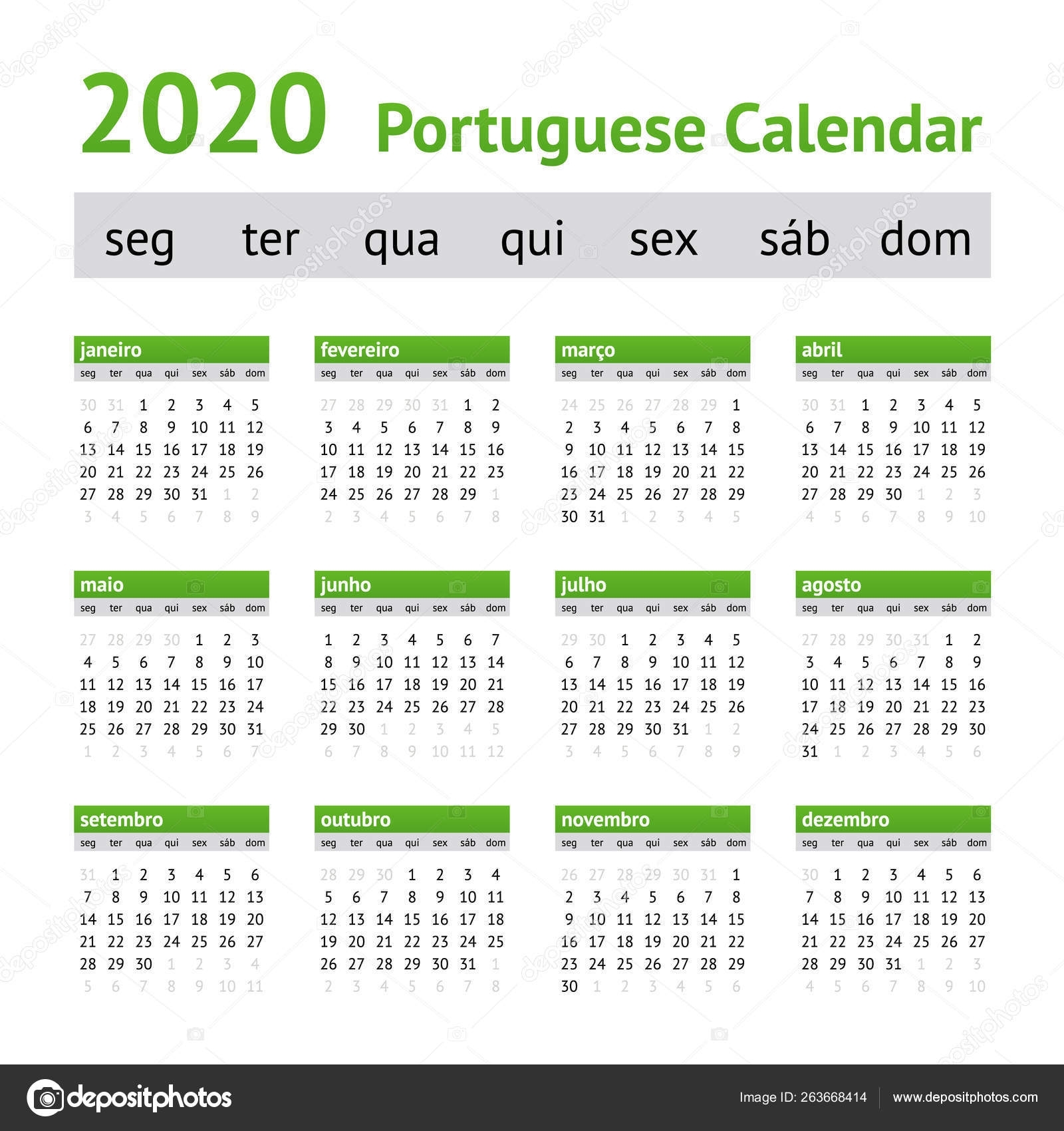 2020 Portuguese European Calendar — Stock Vector © New-Year