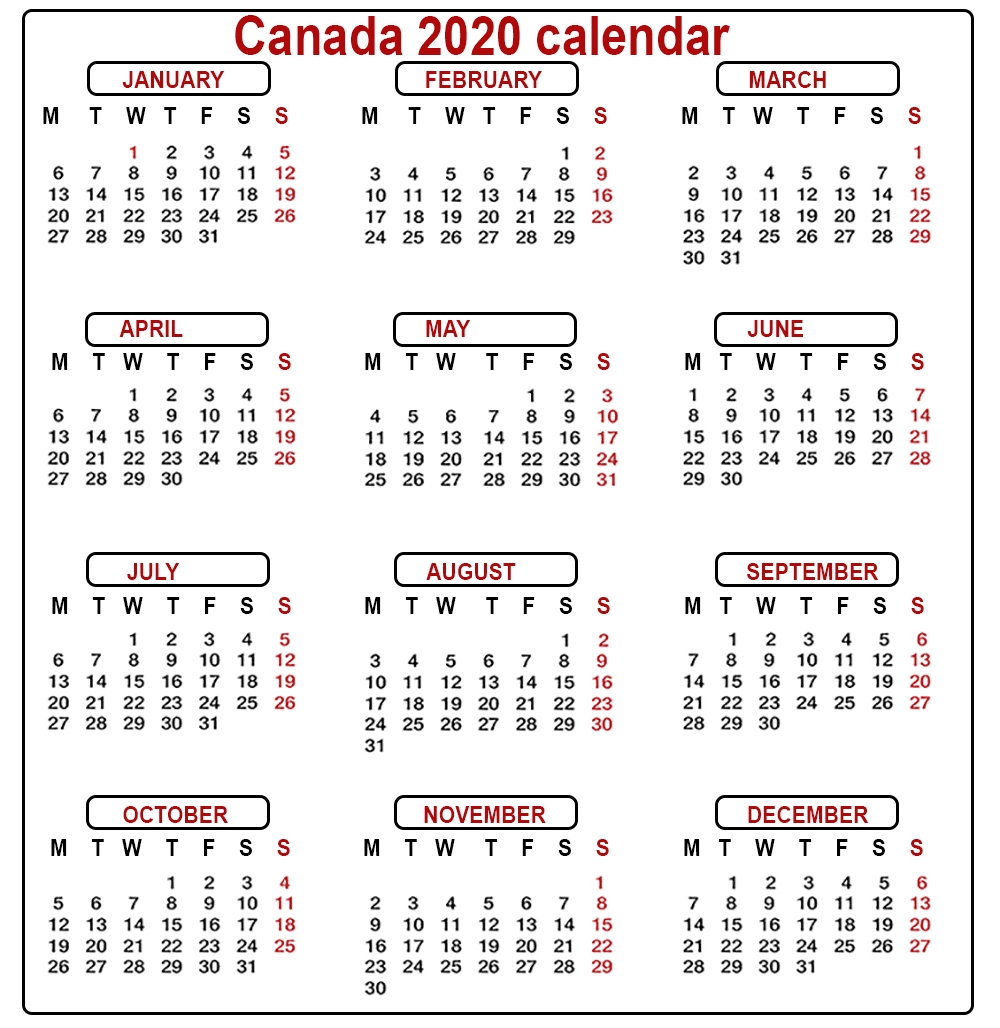 Free Printable Calendar Canada 2020 | Month Calendar Printable