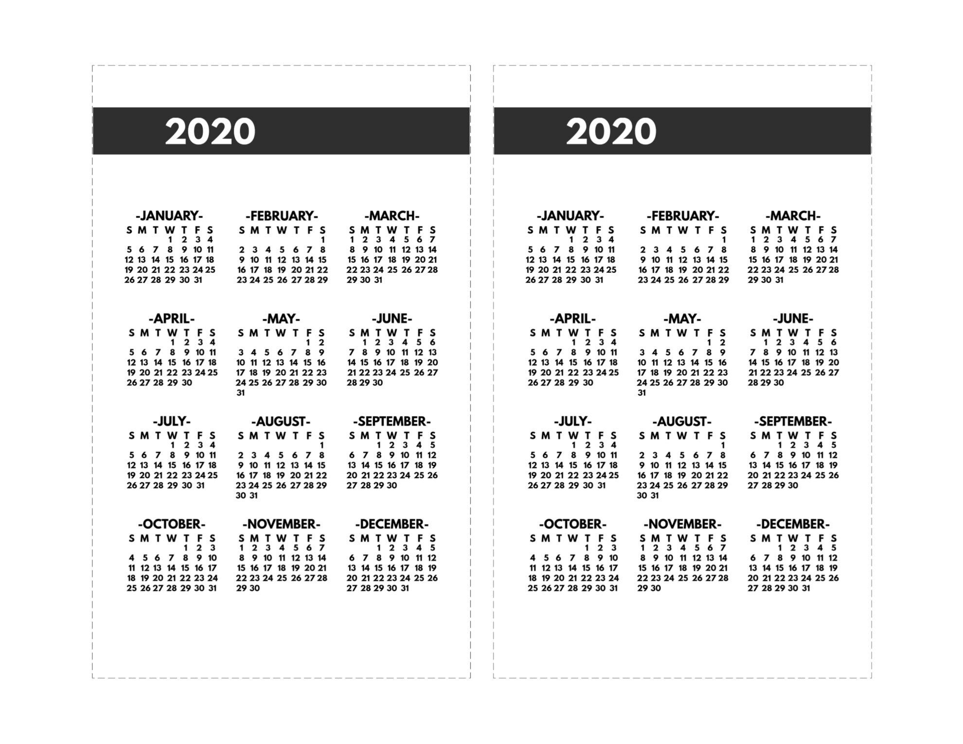 2020 Printable One Page Year At A Glance Calendar - Paper