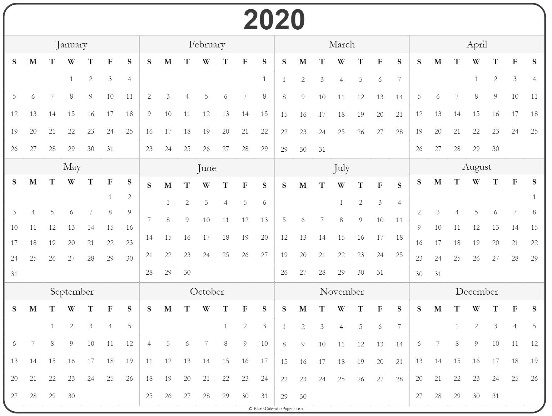 2020 Year Calendar | Yearly Printable