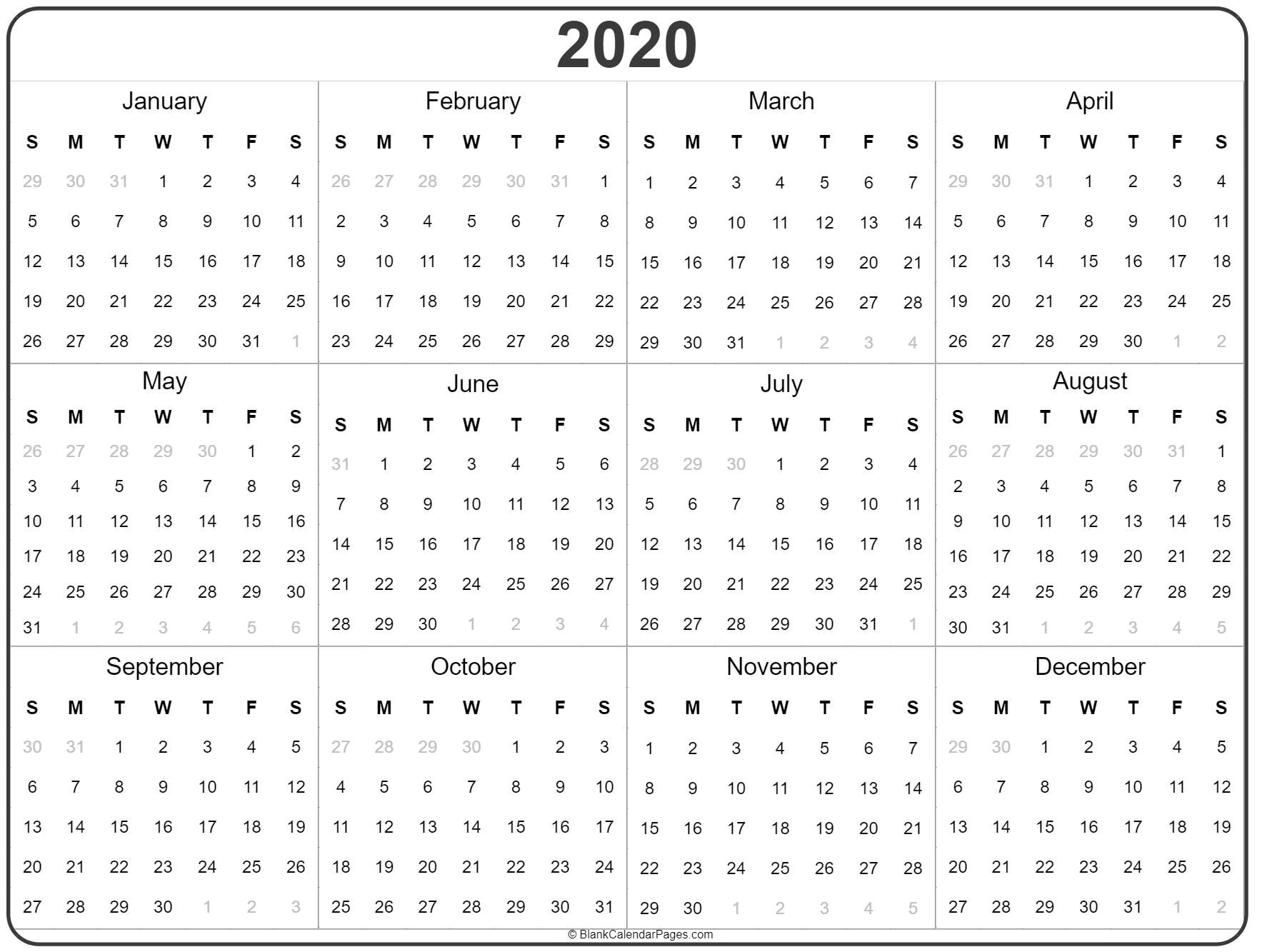 2020 Year Calendar | Yearly Printable