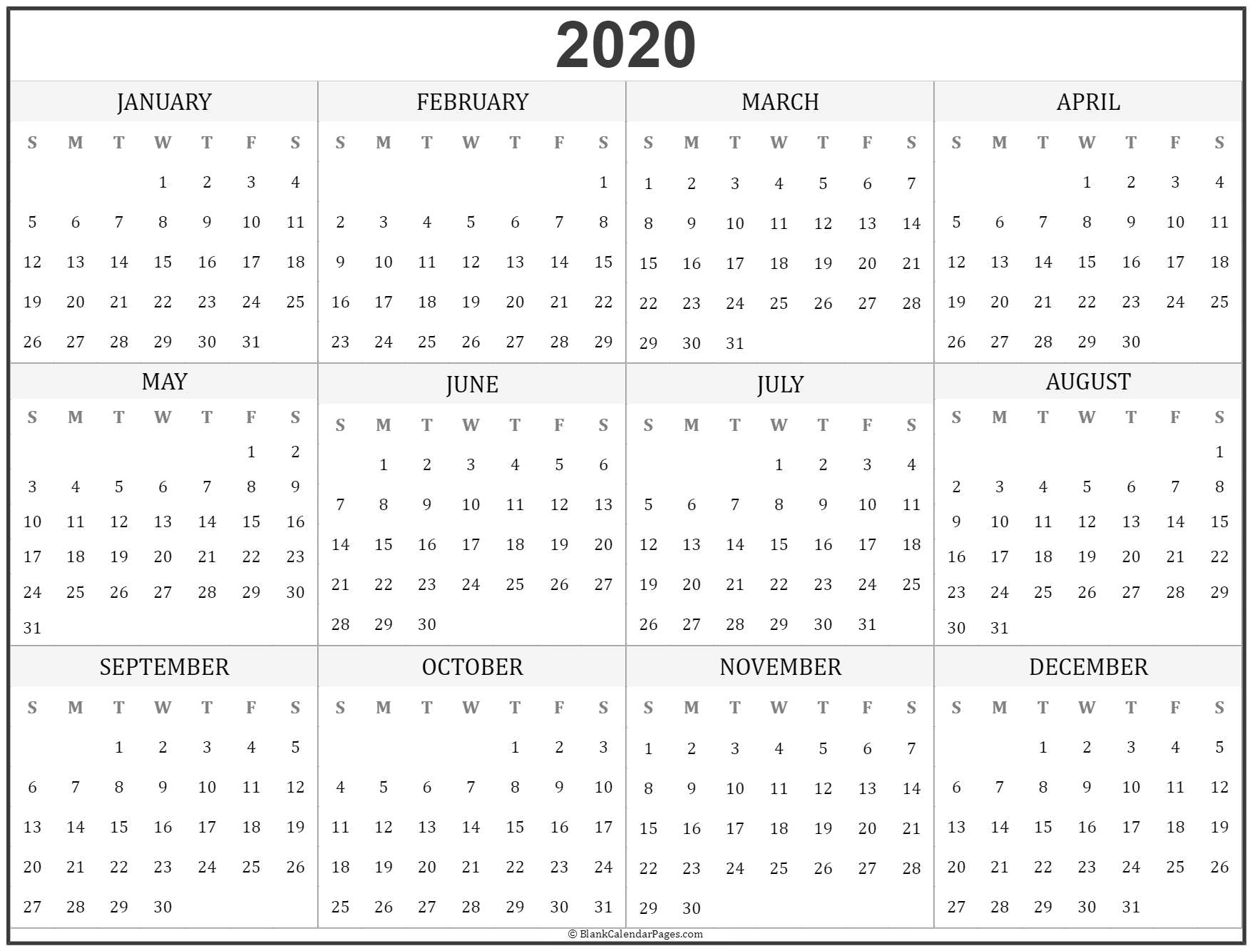 2020 Year Calendar | Yearly Printable