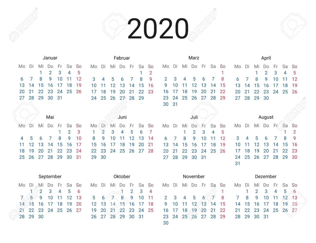 2020 Year German Calendar In German Language. Classical, Minimalistic,..