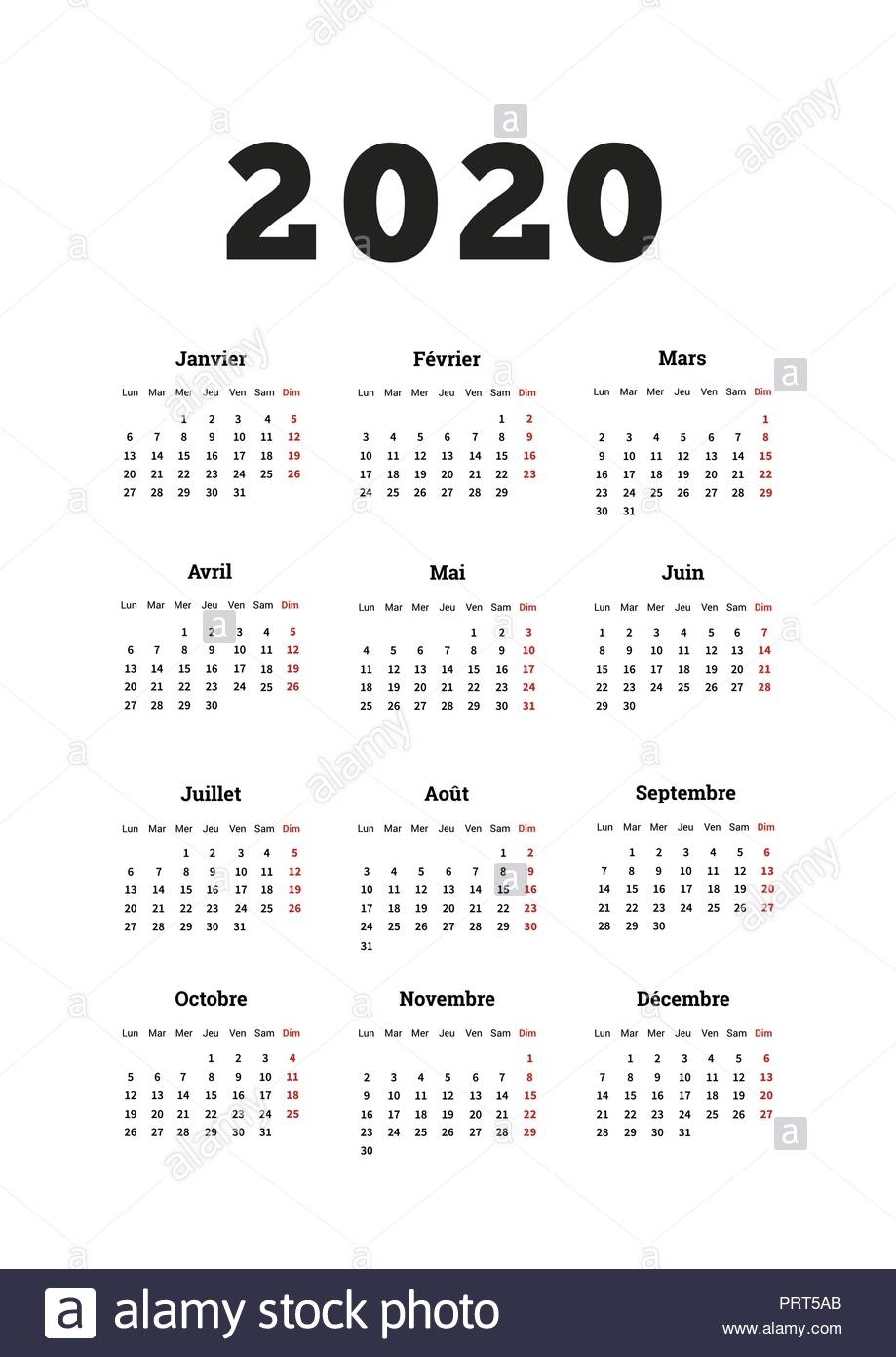 2020 Year Simple Calendar On French Language, A4 Size