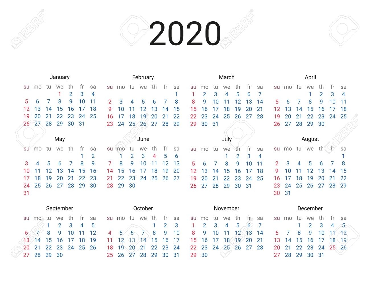 2020 Year Us Calendar. Classical, Minimalistic, Simple Design
