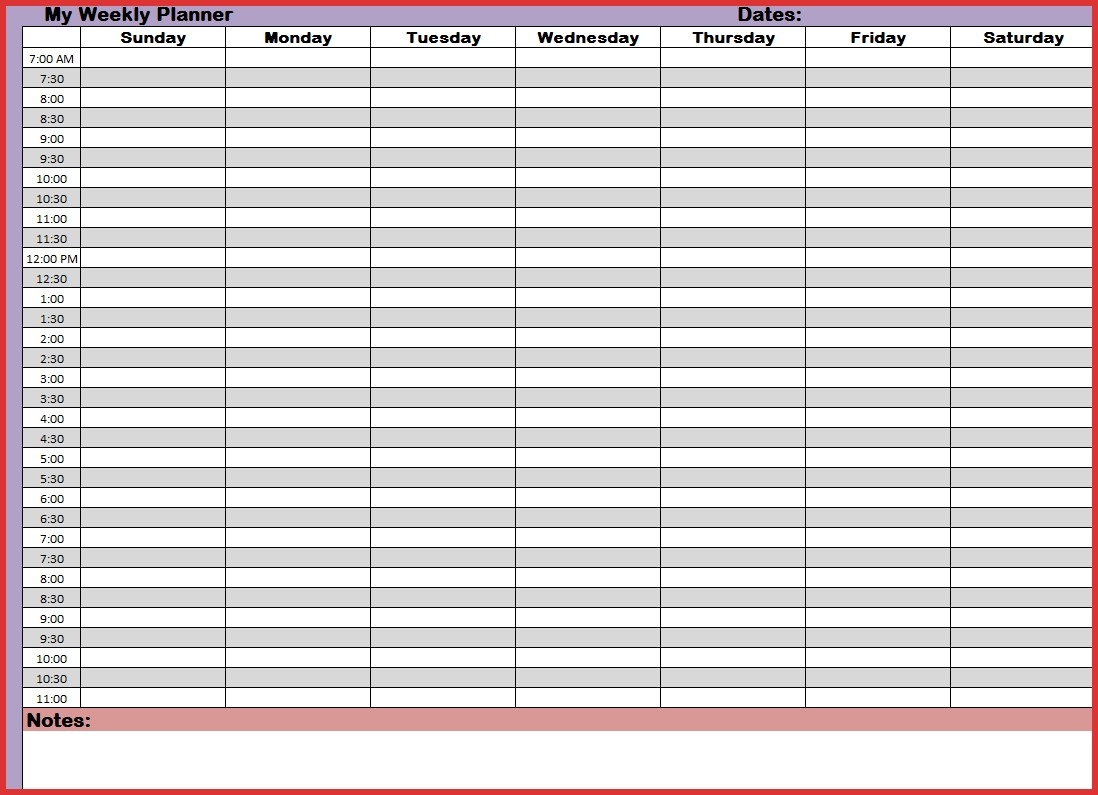 24 Hour Week Calendar Template