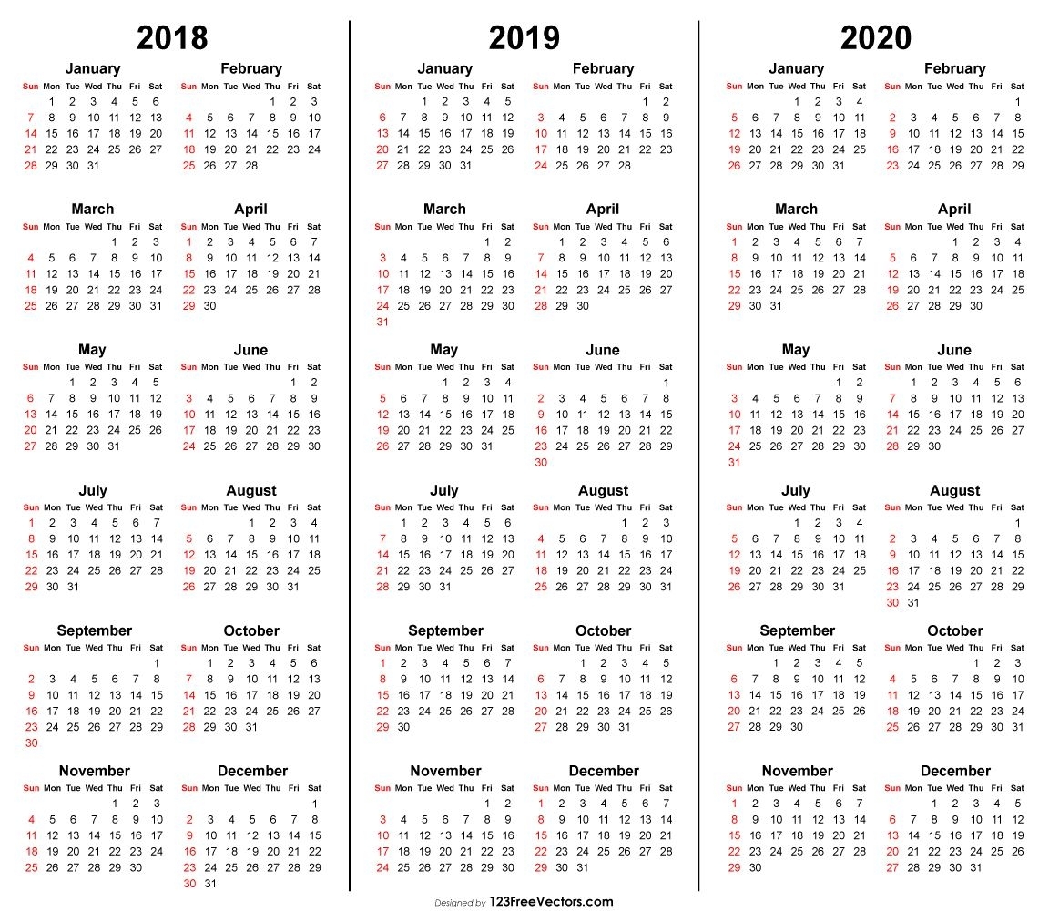 3 Year Calendar 2018 2019 2020 Printable | Calendar