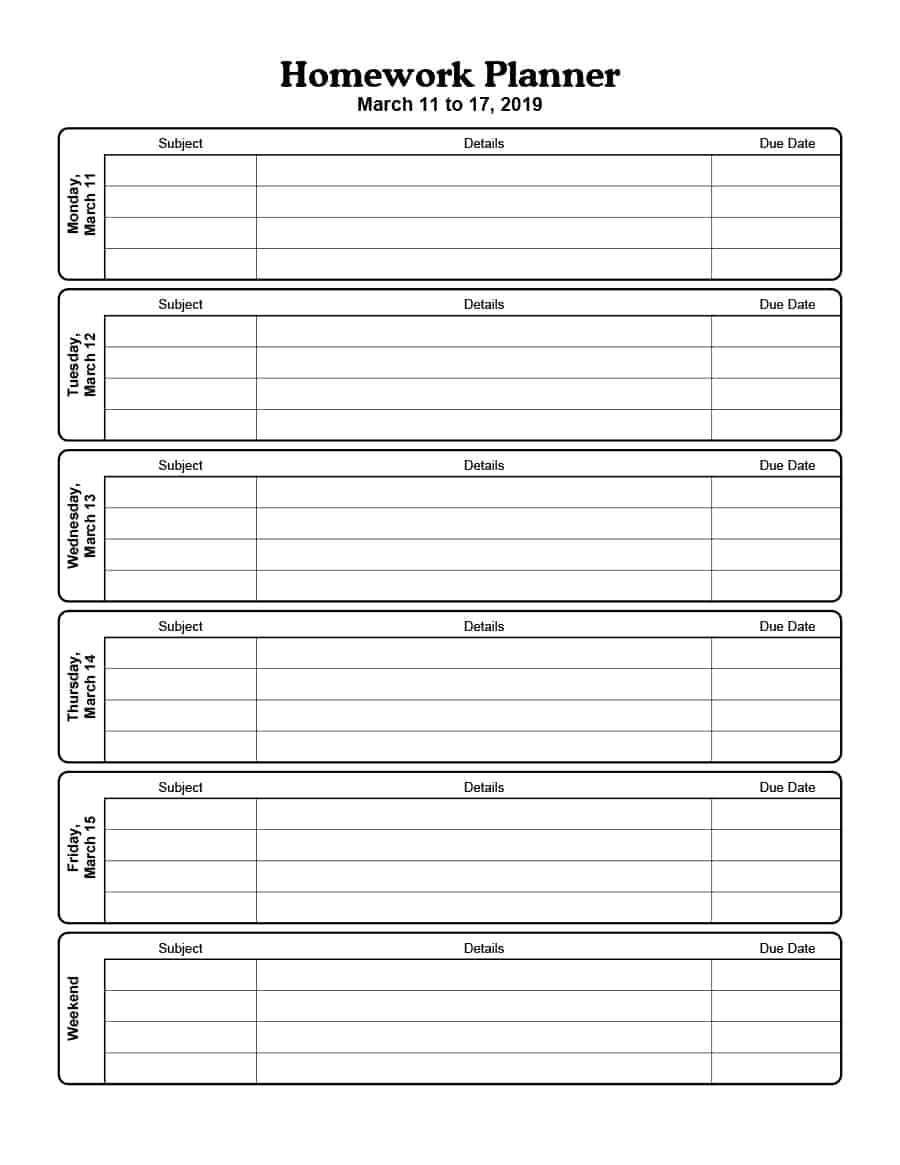 Free Printable Homework Calendar