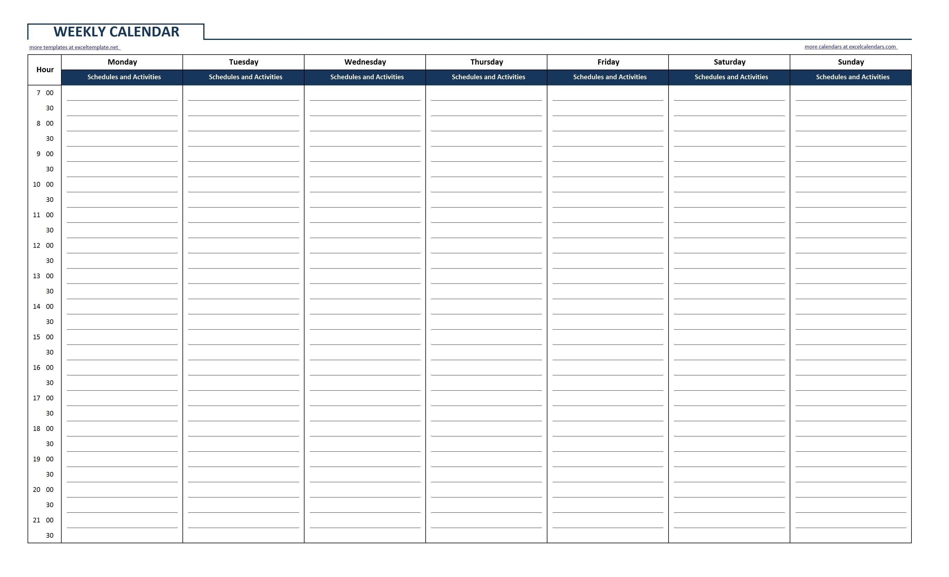 5 Day Week Blank Calendar With Time Slots Printable