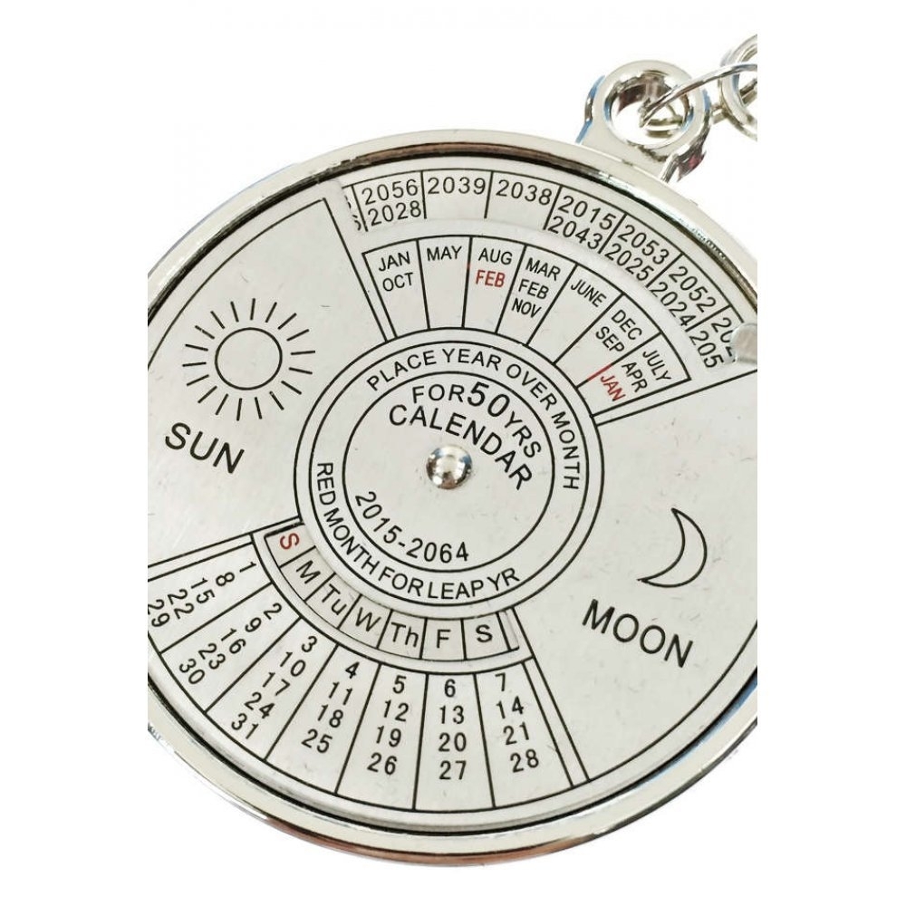 50 Year Calendar Keychain Silver Metal : Scientific Key Ring