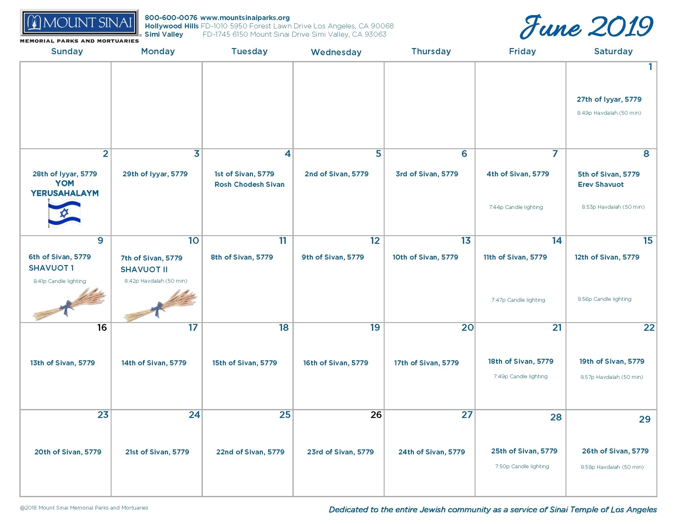 5779 Hebrew Calendar - Mount Sinai Memorial Parks And