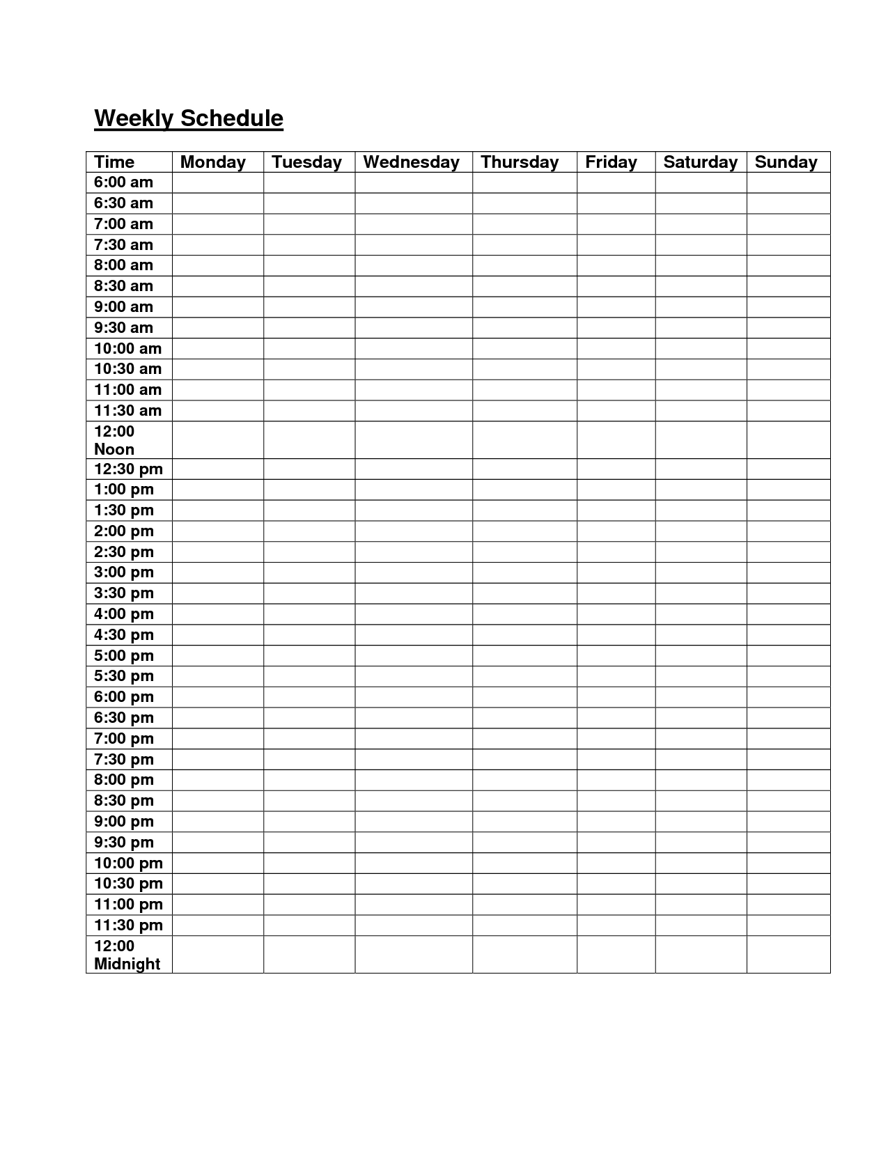 6Am- Midnight Hourly Weekly Schedule Planner | Daily