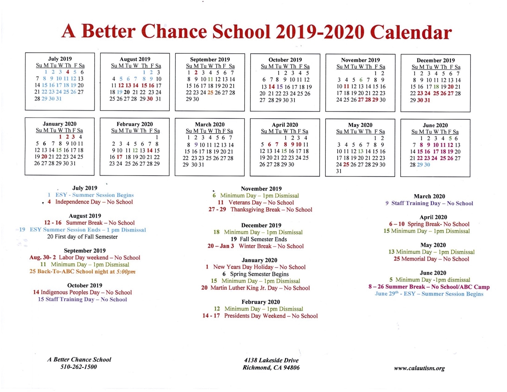 A Better Chance School 2019-2020 Calendar « California