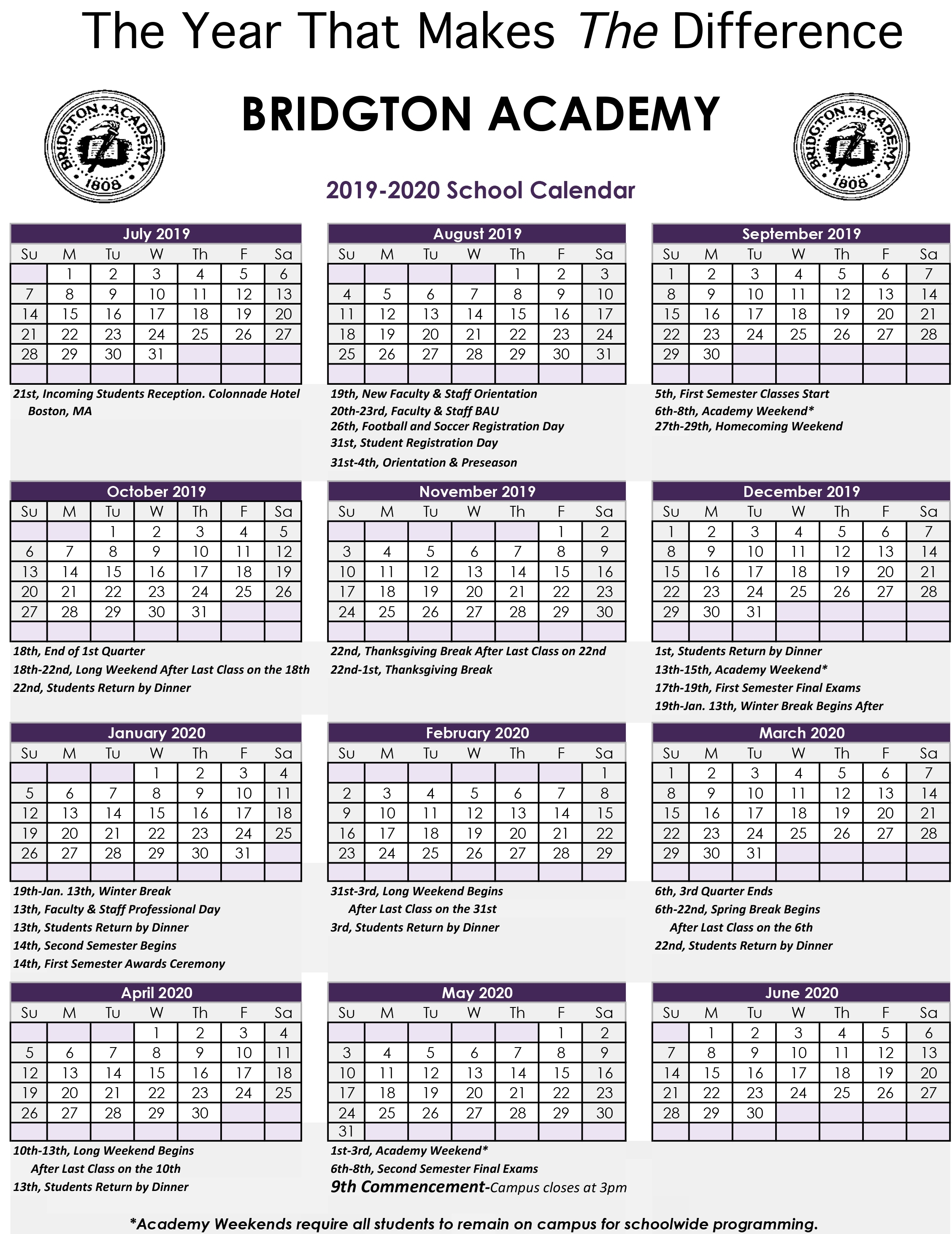 Academic Calendar – Bridgton Academy