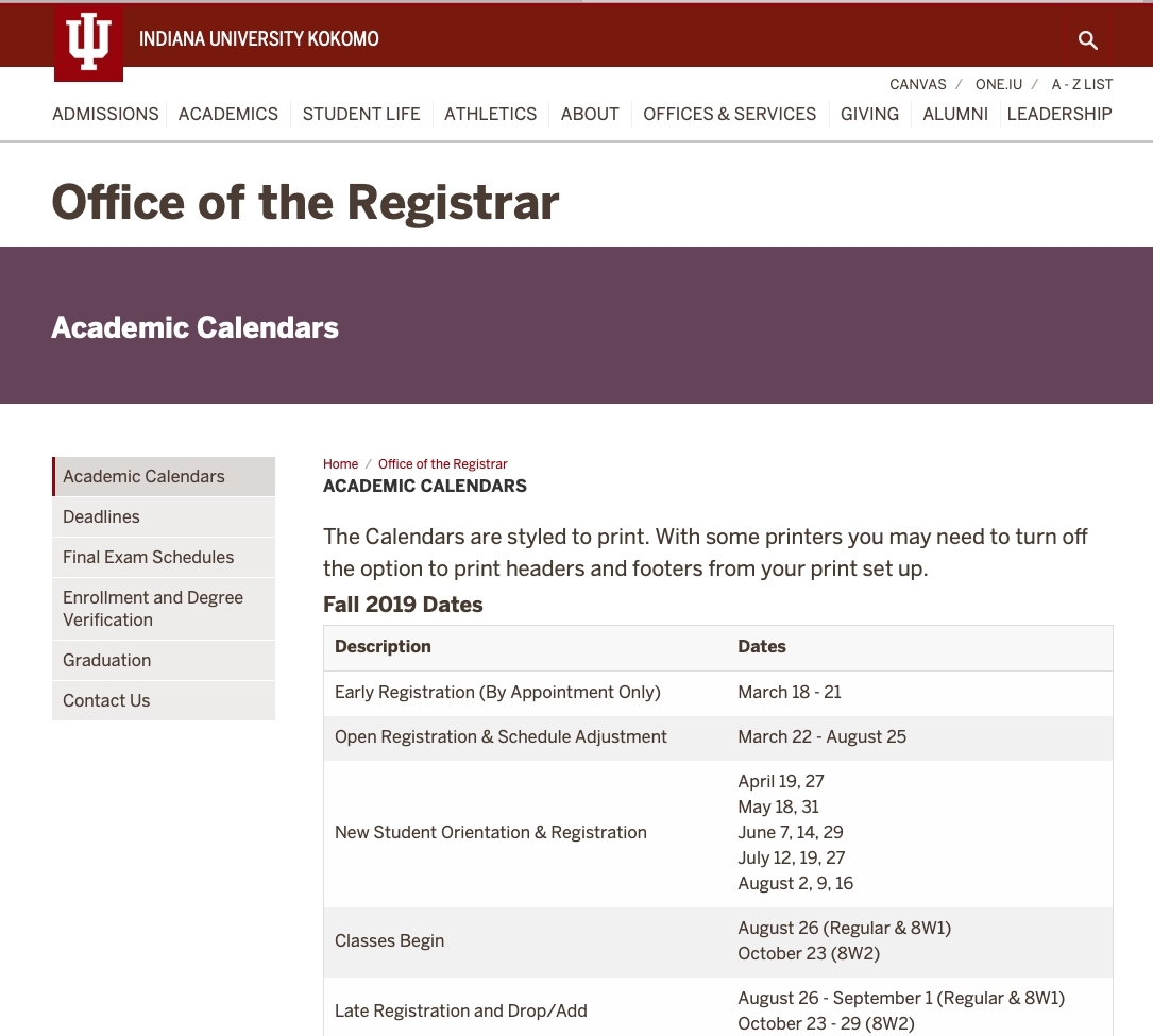 Academic Calendar Iu