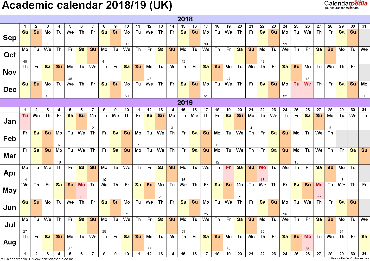 Academic Calendars 2018/2019 As Free Printable Excel Templates