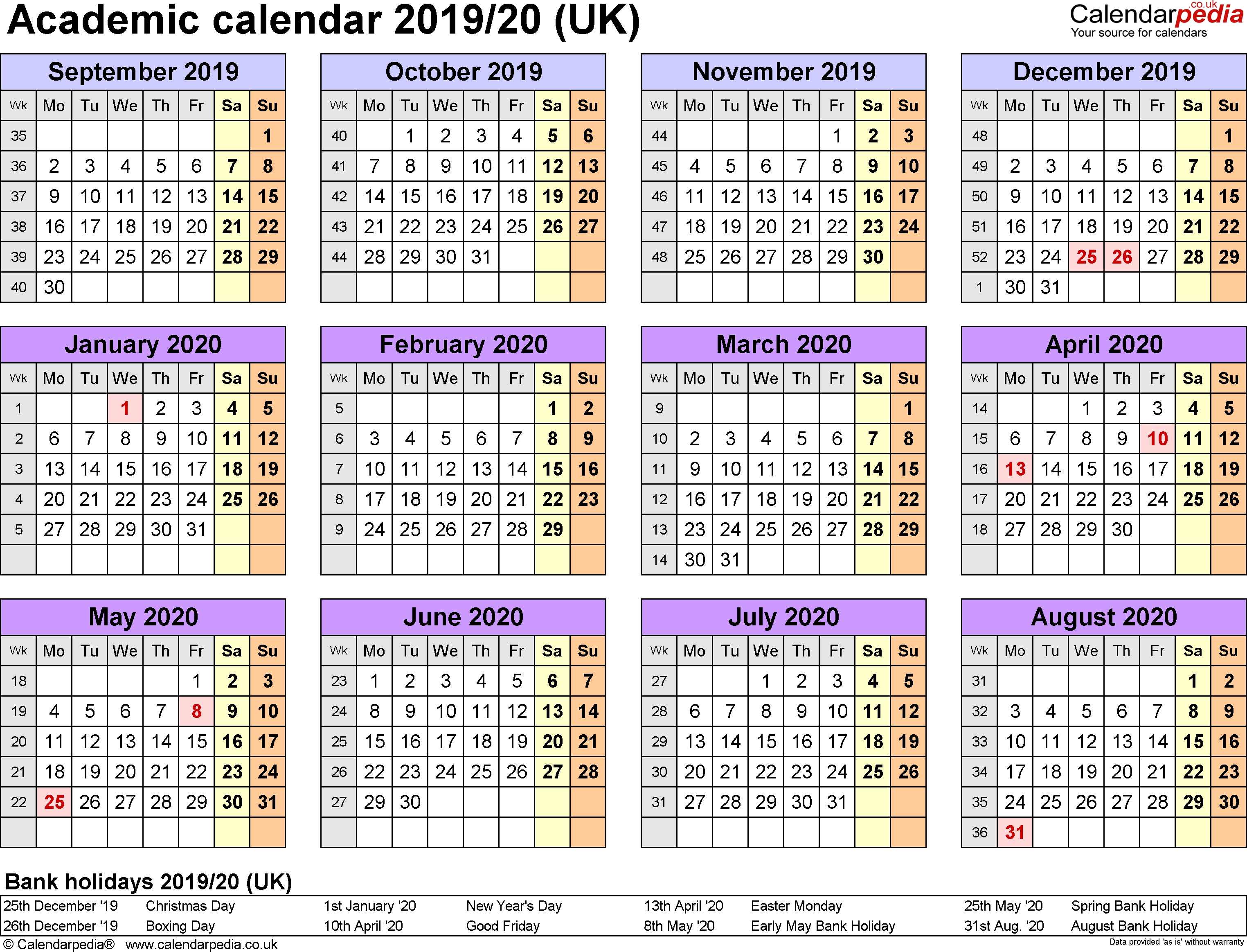 Academic Calendars 2019/2020 As Free Printable Excel Templates